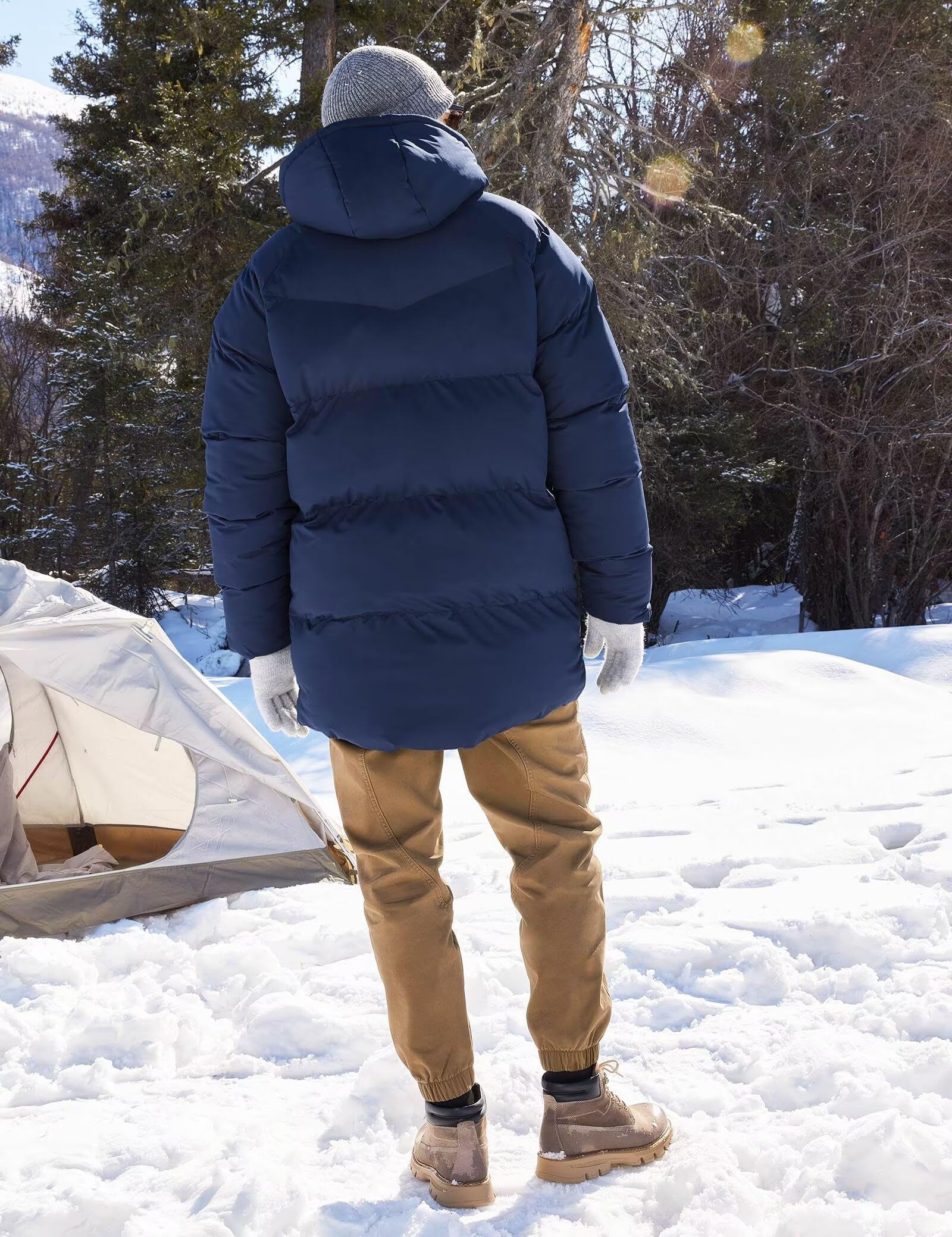 Rejork Men s Long Winter Coat Hooded Warm Quilted Jacket Water-resistant Cold Weather Parka Navy 4XL