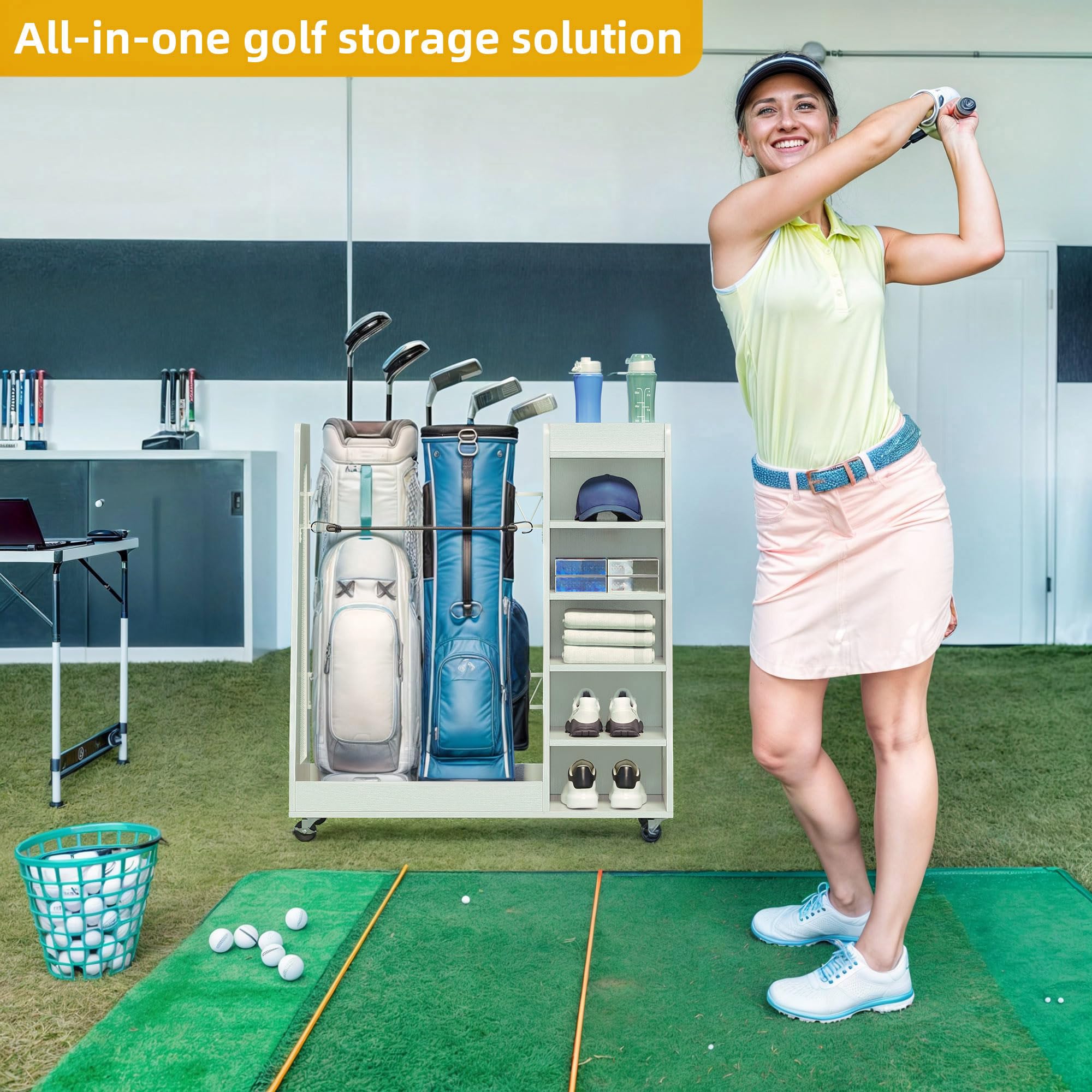 Dwvo Golf Bag Organizer For Garage, Wooden 2 Golf Bag Stand Holder With Wheels, Golf Storage Organizer For Golf Bags, Clubs, Bal