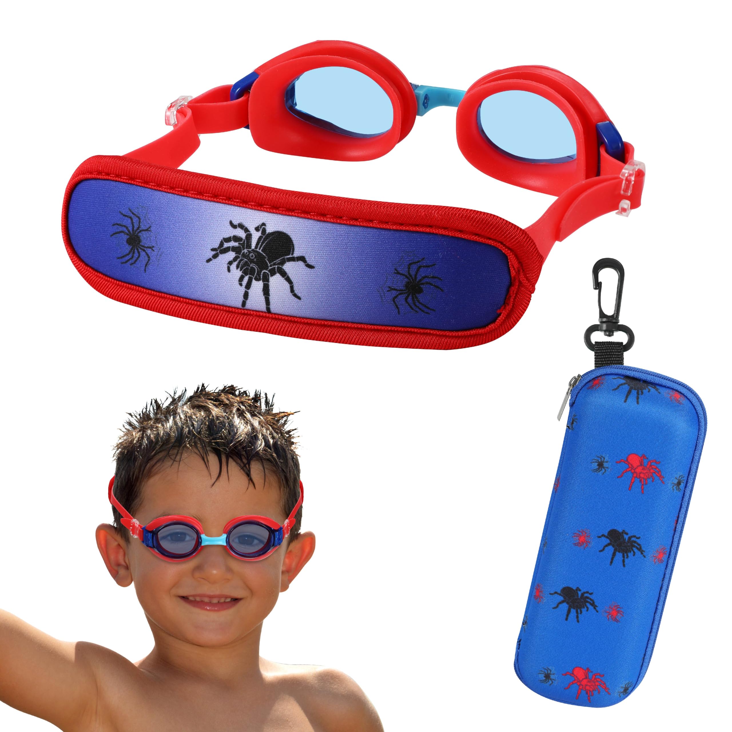 RUIGAO Kids Swim Goggles Age 2-6, Toddler Goggles No Hair Pull,UV Protection/Anti Fog/Padded HeadBand (1PK Extra - Spider)