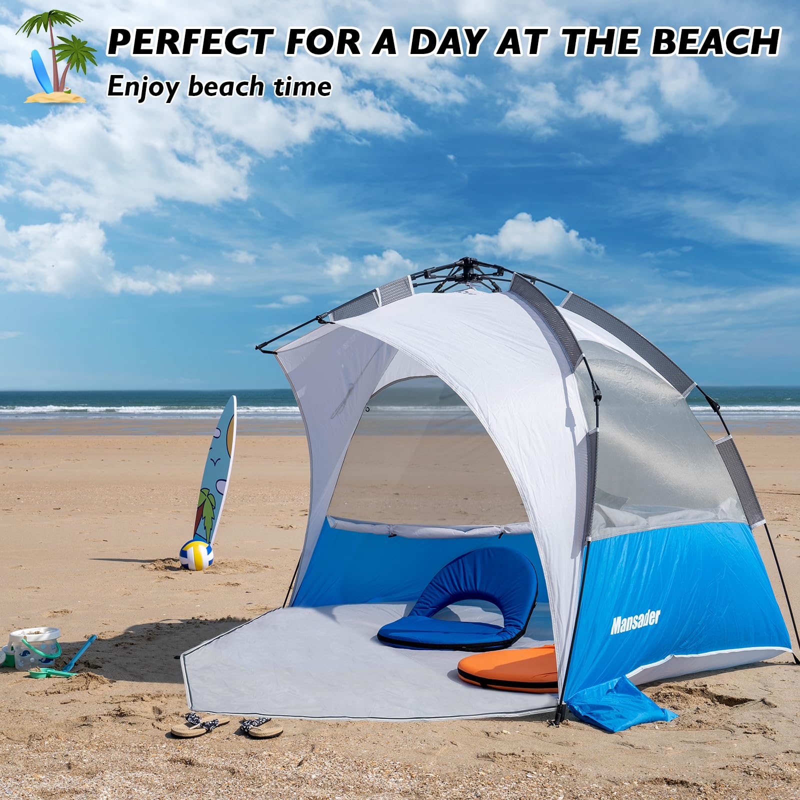Mansader Easy Pop Up Beach Tent For 3-4 People, Automatic Setup Beach Shelter With Upf 50+ And 3 Ventilation Windows, Portable S