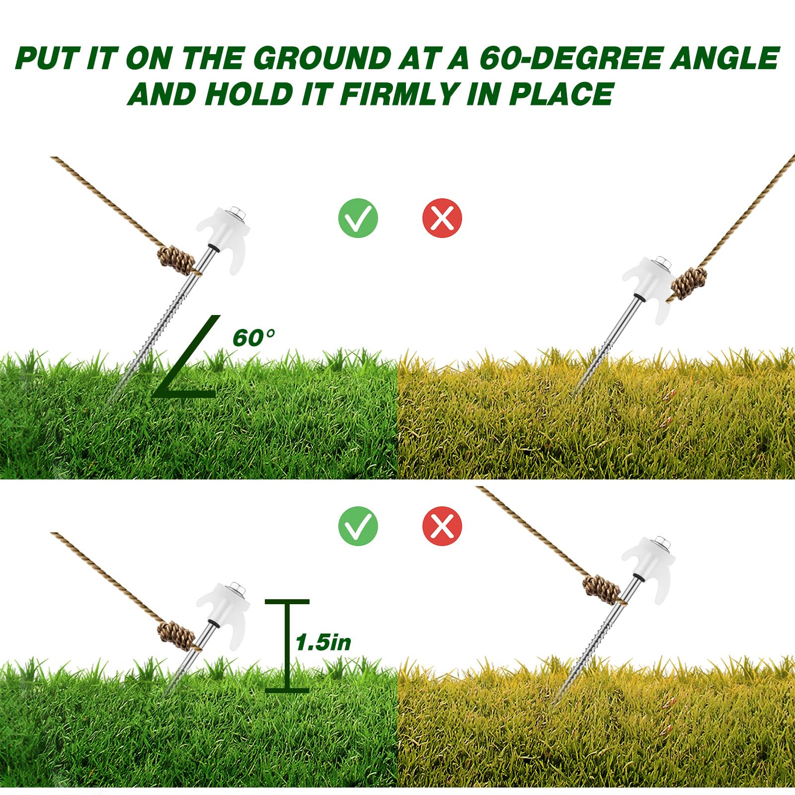 Yaocom Ground Anchors Screw In 8 Inch Tent Stakes Heavy Duty Metal Stakes Threaded Hex Head Driver Tent For Camping Garden Infla