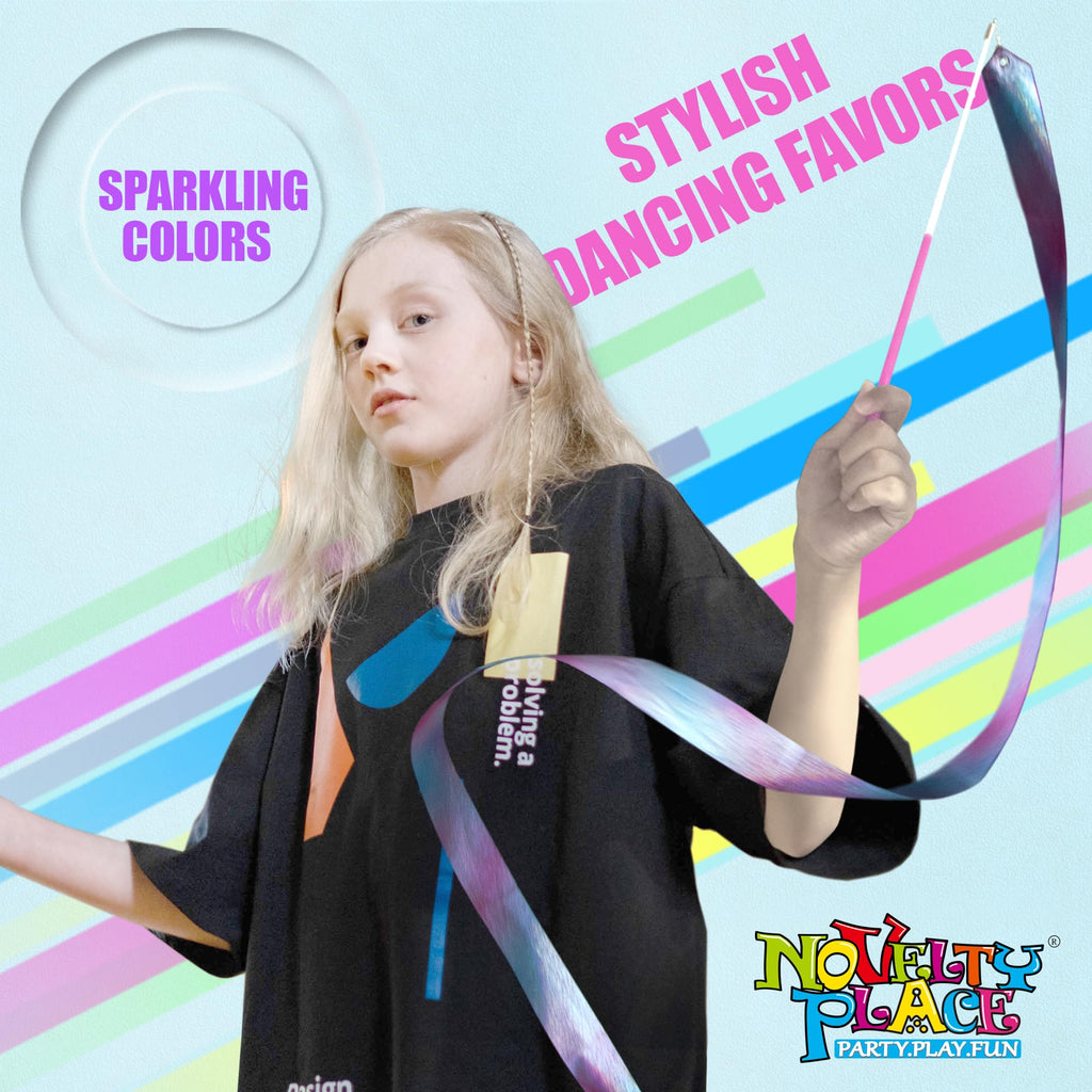 Novelty Place 2 Pcs Sparkling Dance Ribbons Streamers, 6.6Ft Shiny Colors Kids Gymnastics Ribbon Wands - Perfect Rhythm Sticks F