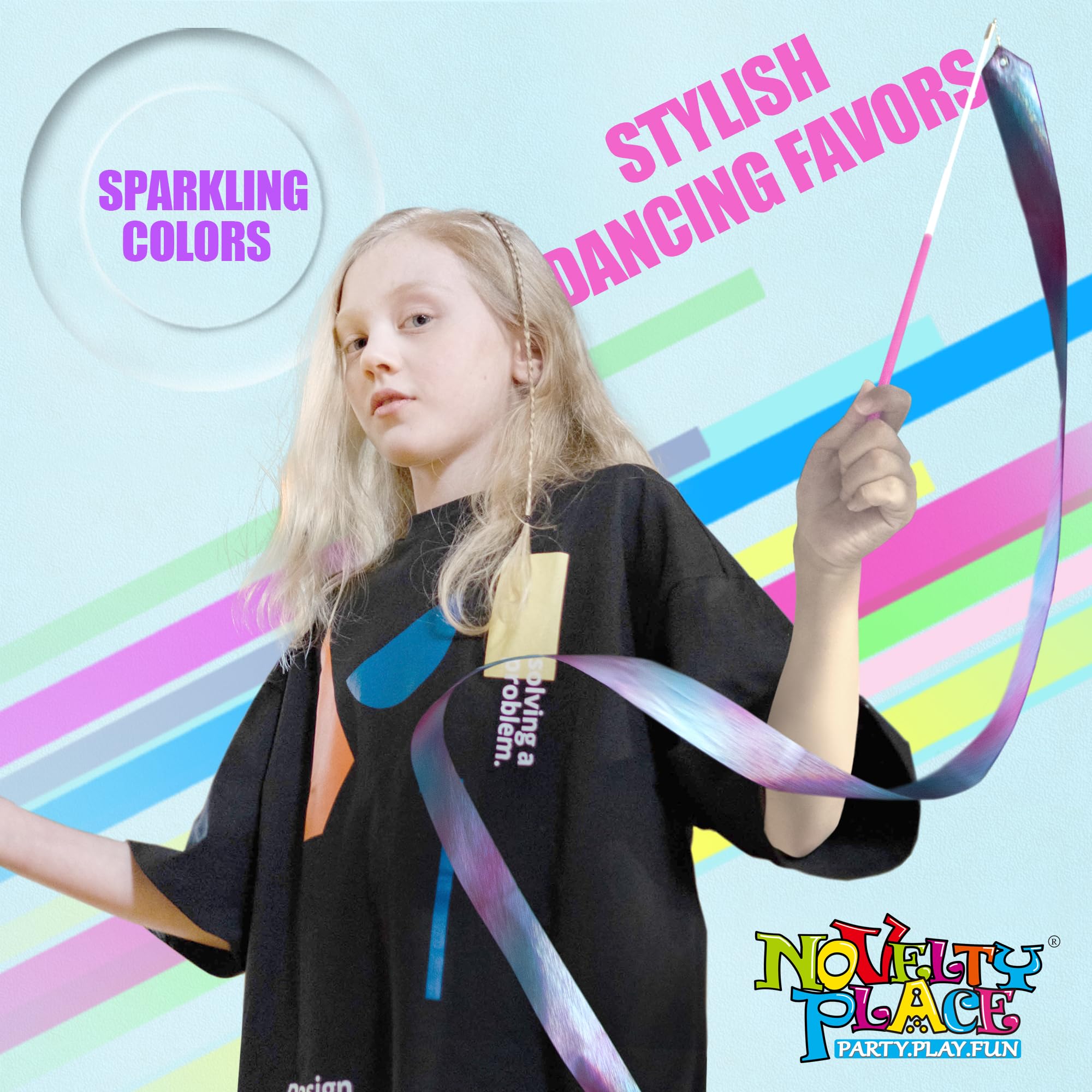 Novelty Place 2 Pcs Sparkling Dance Ribbons Streamers, 6.6Ft Shiny Colors Kids Gymnastics Ribbon Wands - Perfect Rhythm Sticks F