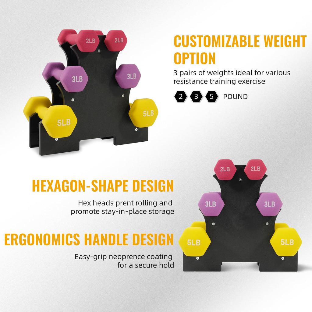 Fitvids Neoprene Dumbbell Set with Rack - Multiple Weight Options - 20LB Set (2/3/5LB Pairs) - Color Series