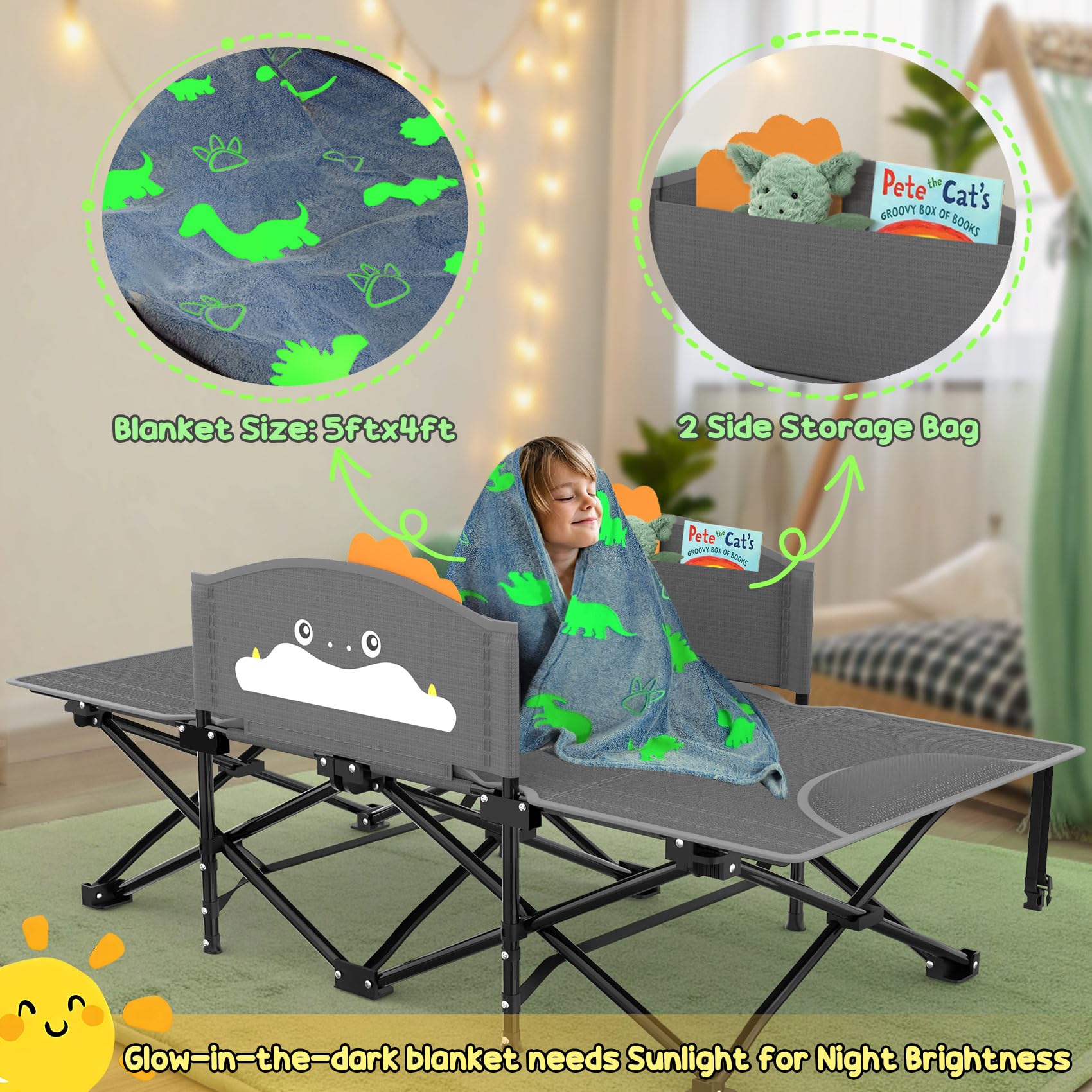 Slendor Toddle Cot, Toddler Portable Bed W/Cartoon Handrail, Blanket (5Ft X 4Ft), Folding Toddler Cots For Camping, Travel Bed,