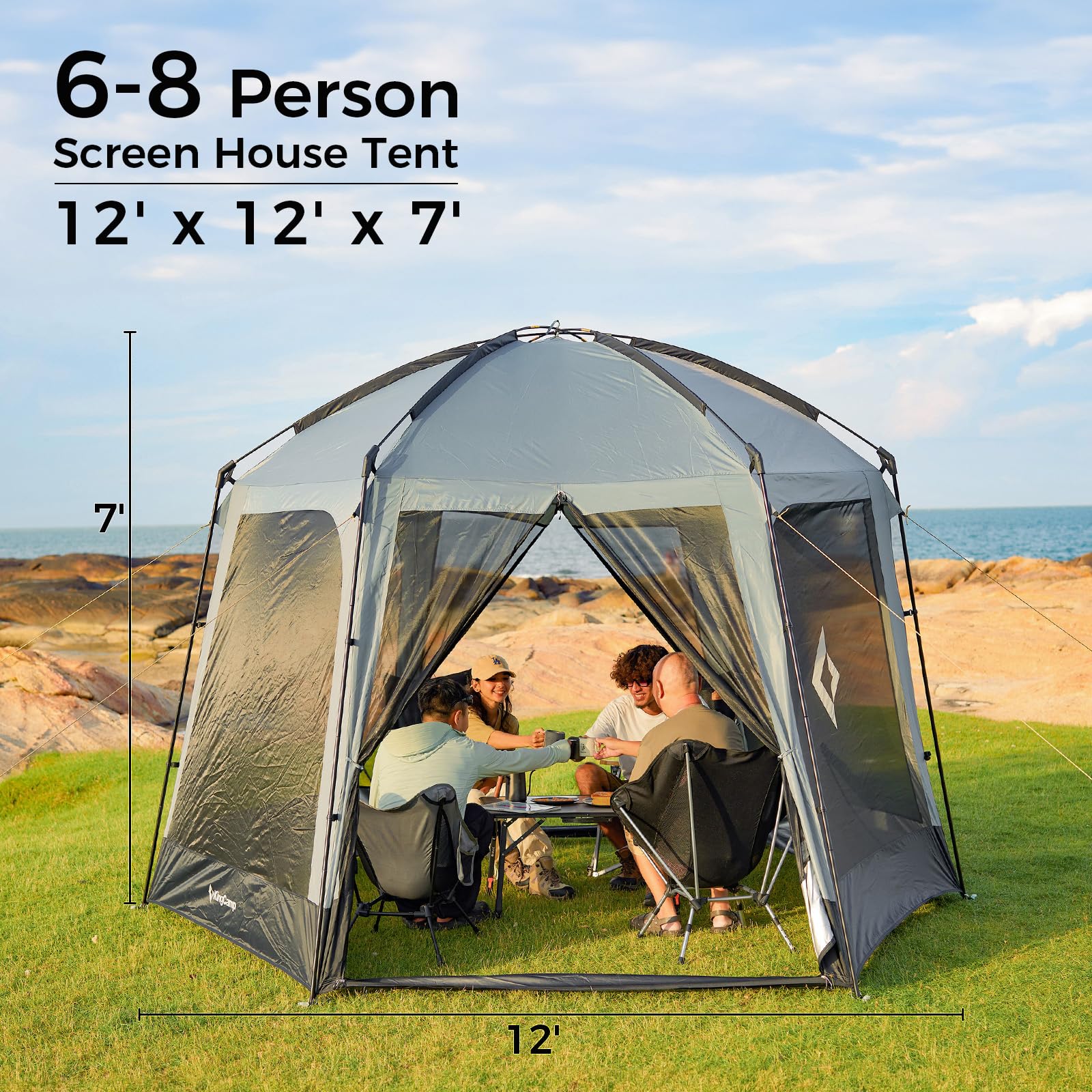 Kingcamp Screen Tent, Camping Tent For 6-8 Person 12' X 12' Portable Screen House Room With Detachable Sunshade For Camping, Gar