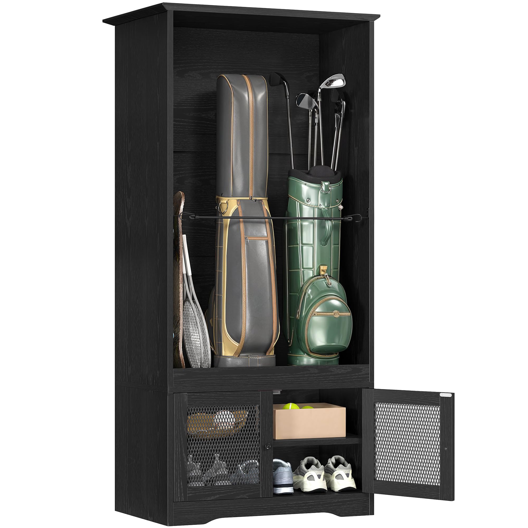 DWVO Golf Bag Organizer - Stylish Wooden Storage Cabinet for Garage & Home, Holds 2 Golf Bags with Turf Mat Protection
