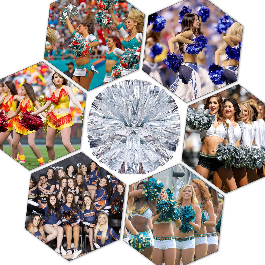 Pack Of 4 Cheerleading Pom Poms Foil Plastic Metallic Cheerleader Pom Poms For Cheer Sport Kids Adults Team Spirit Cheering (Sil
