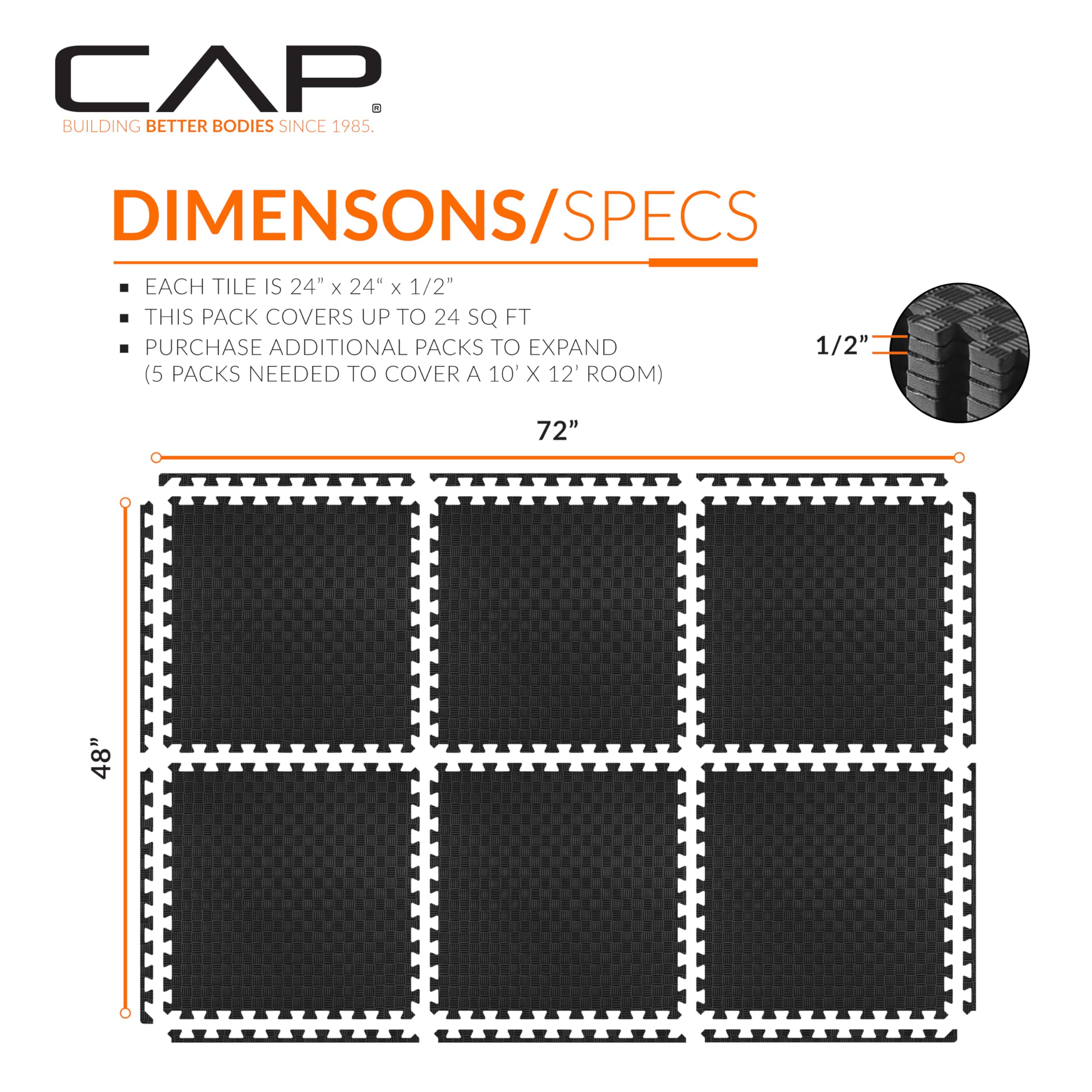 Cap Barbell 1/2 Interlocking Eva Foam Exercise Puzzle Mats - 1 Pack | 24'' X 24'' X 1/2'' | Tatami Pattern - Black