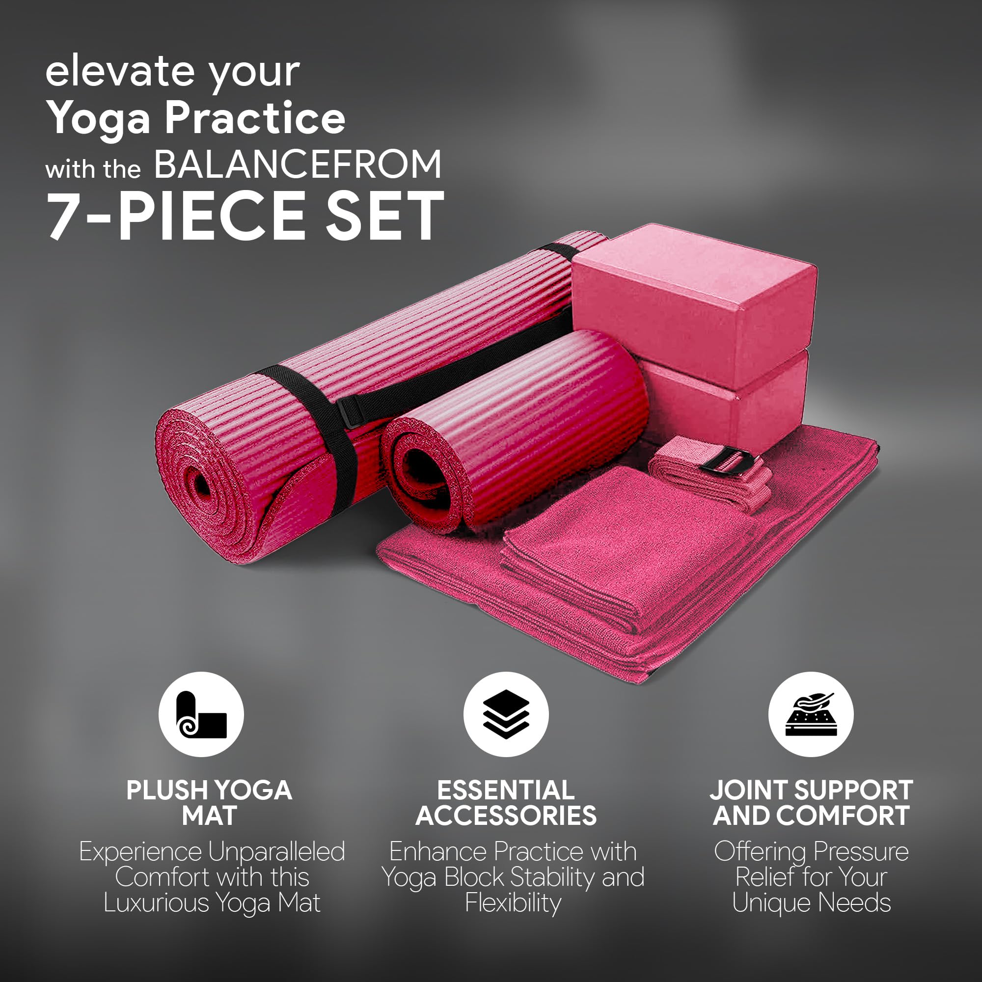 Balancefrom 7 Piece Yoga Set, With Mat & Towel, Home Workout Equipment, Pink