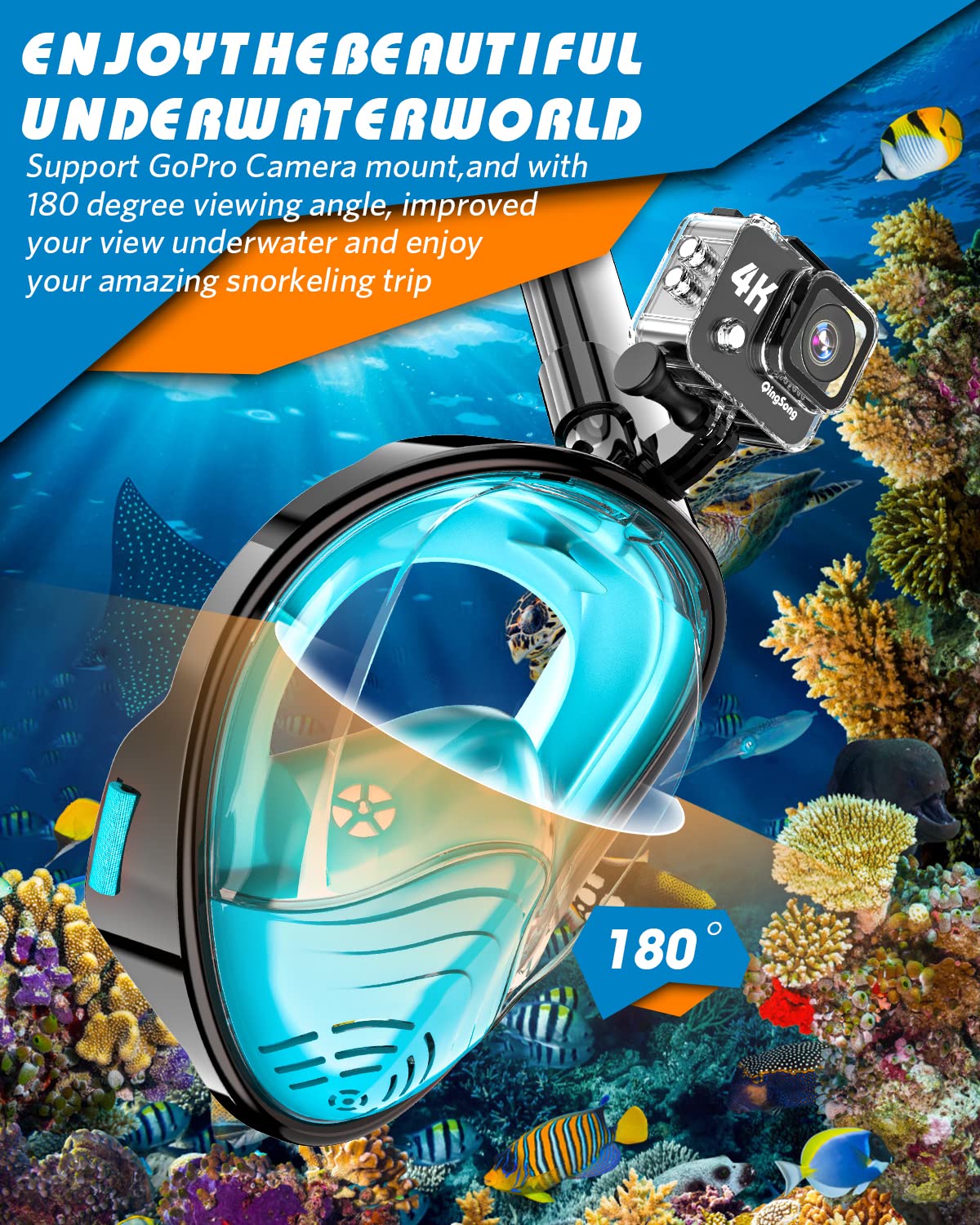 QingSong Full Face Snorkel Mask for Adults, Snorkeling Gear with Camera Mount, 180 Degree Panoramic View Snorkel Set Anti-Fog An
