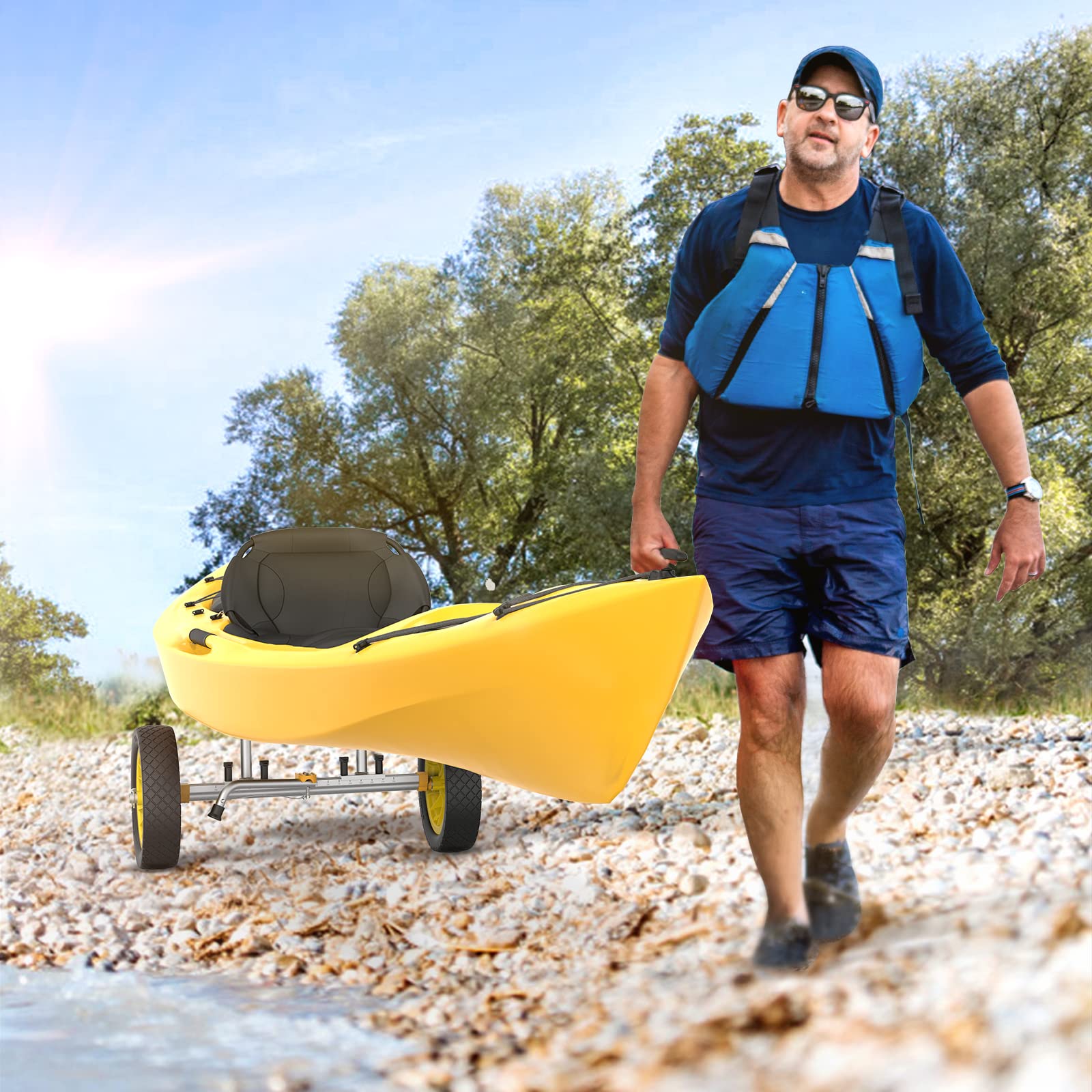 Bonnlo Kayak Cart Dolly Plug-In Kayak Wheels Width Adjustable 6.3''-18.7'' Detachable Canoe Cart 1'' Diameter Posts With 12'' So