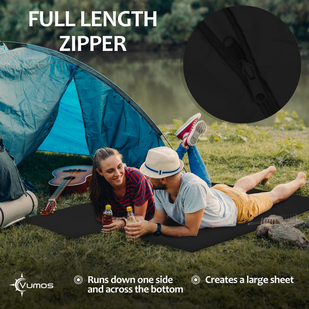 Vumos Sleeping Bag Liner And Camping Sheet - Silk Like Material For Travel - Has Full Length Zipper - Black