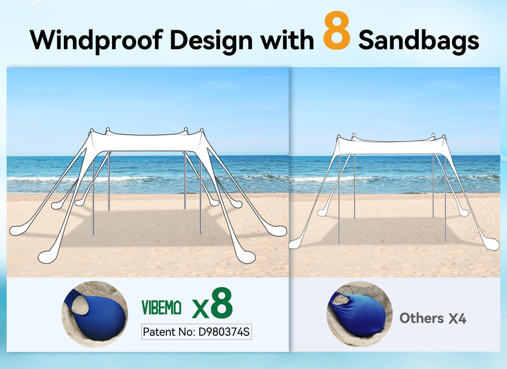 Vibemo Beach Tent, Beach Canopy Sun Shade With Upf50+ Uv Protection, 10X10Ft, Includes 8 Sandbags, Sand Shovel, Ground Pegs & 4