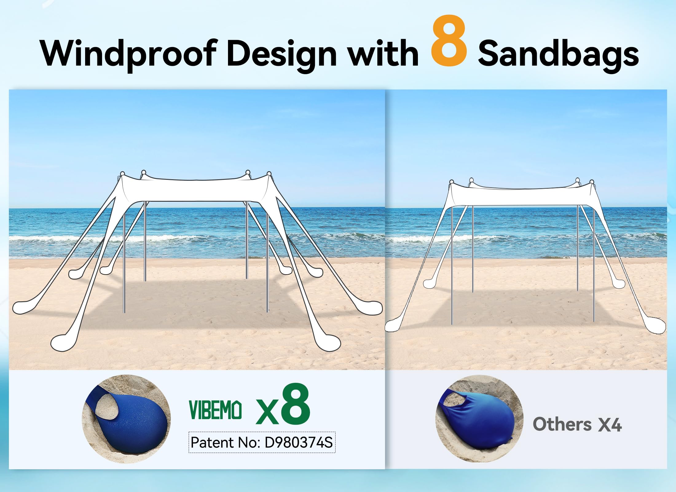 Vibemo Beach Tent, Beach Canopy Sun Shade With Upf50+ Uv Protection, 10X10Ft, Includes 8 Sandbags, Sand Shovel, Ground Pegs & 4