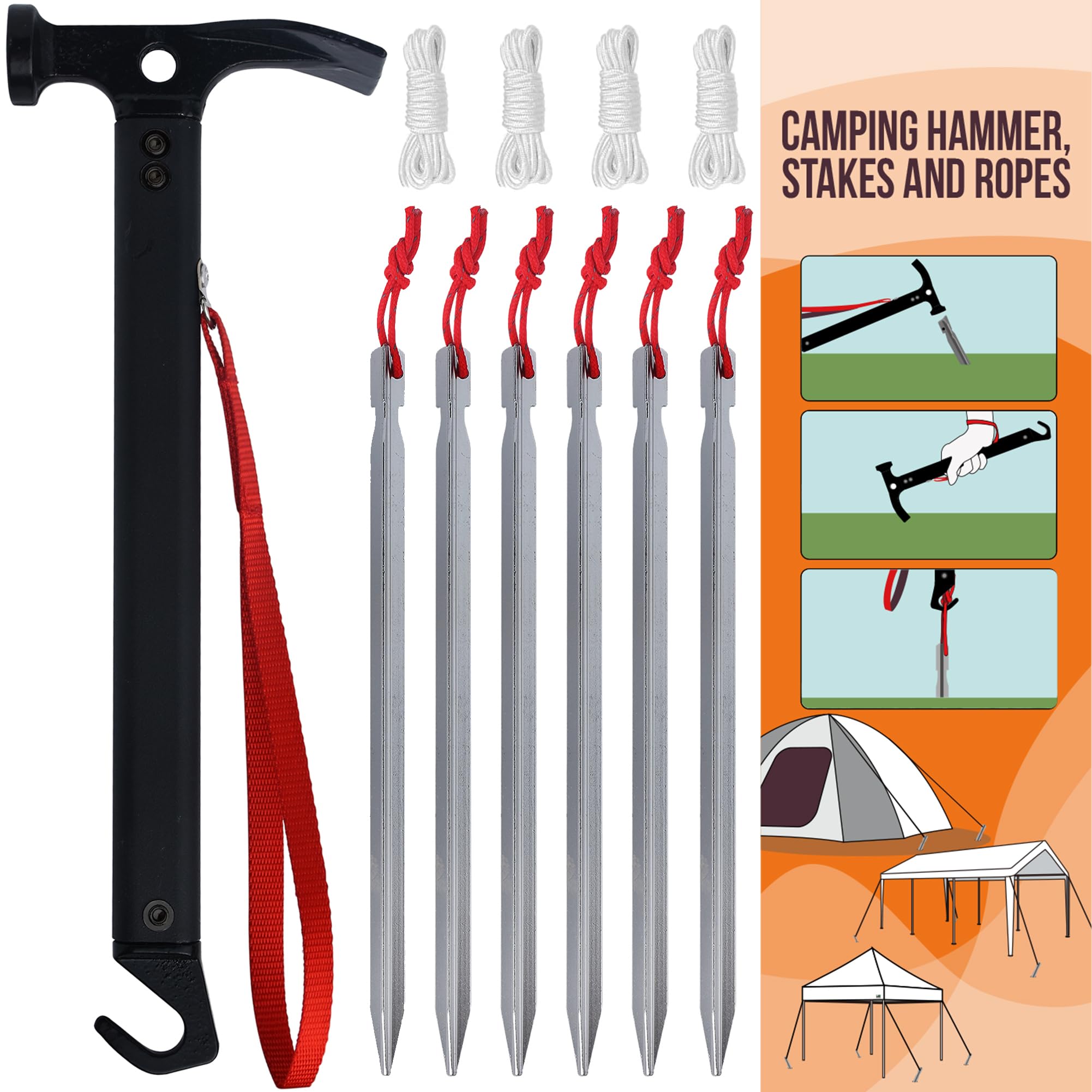 Eurmax Usa Hiking Camping Tent Stakes And Hammer Set Lightweight Multi-Function Tent Hammer With Tent Stake Remover,Tent Pegs Fo