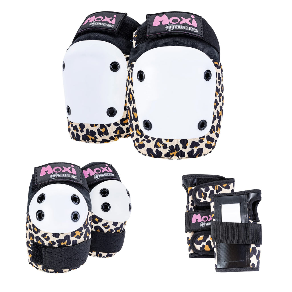 187 Killer Pads Moxi Skate Knee Pads, Elbow Pads, And Wrist Guards, Six Piece Pad Set, Moxi Leopard, X-Large Thick