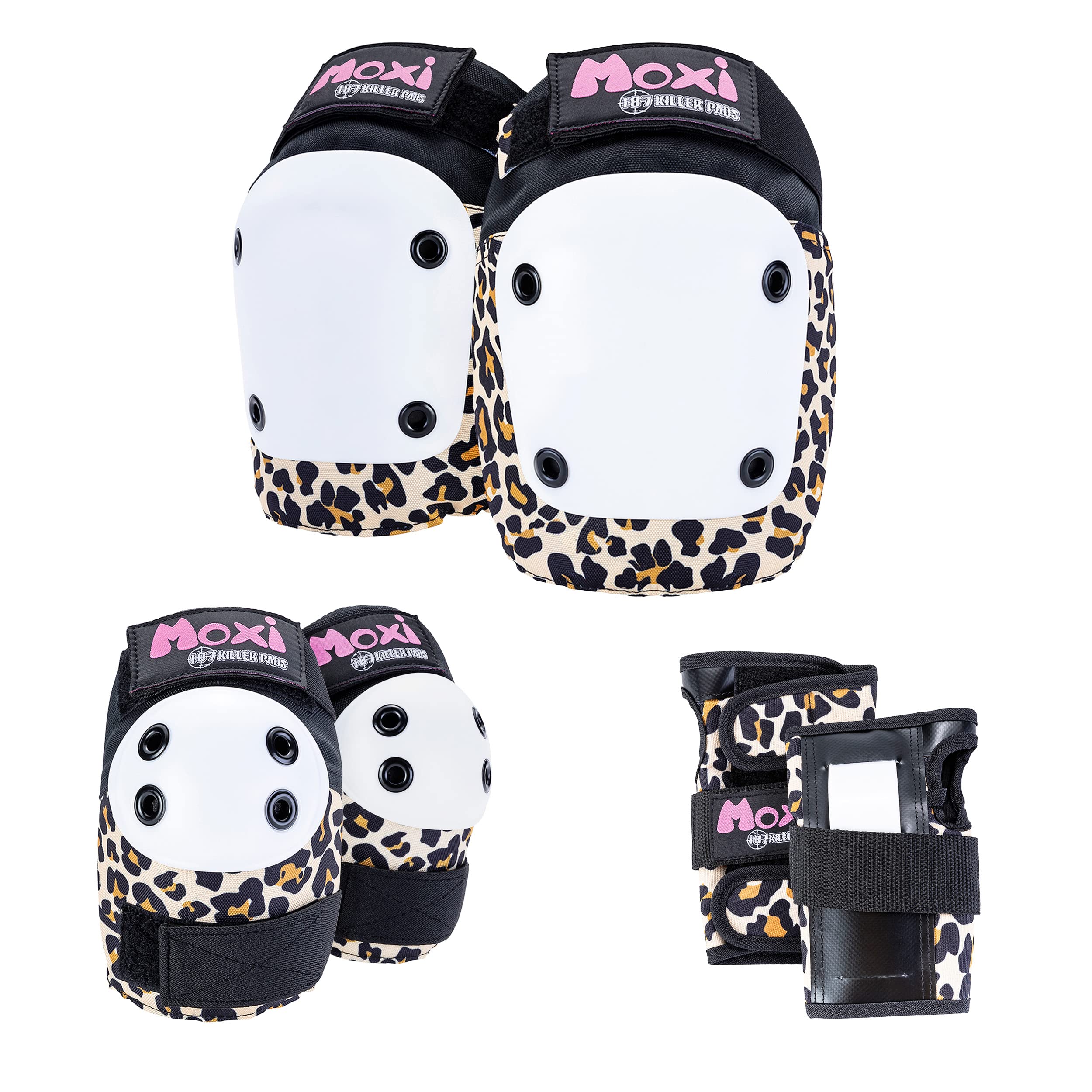 187 Killer Pads Moxi Skate Knee Pads, Elbow Pads, And Wrist Guards, Six Piece Pad Set, Moxi Leopard, X-Large Thick