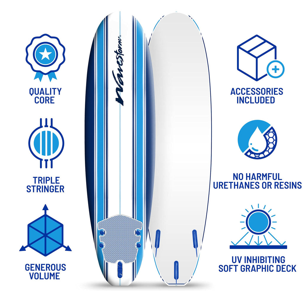 Wavestorm - Classic Soft Top Foam 7ft Surfboard Surfboard for Beginners and All Surfing Levels Complete Set Includes Leash and M