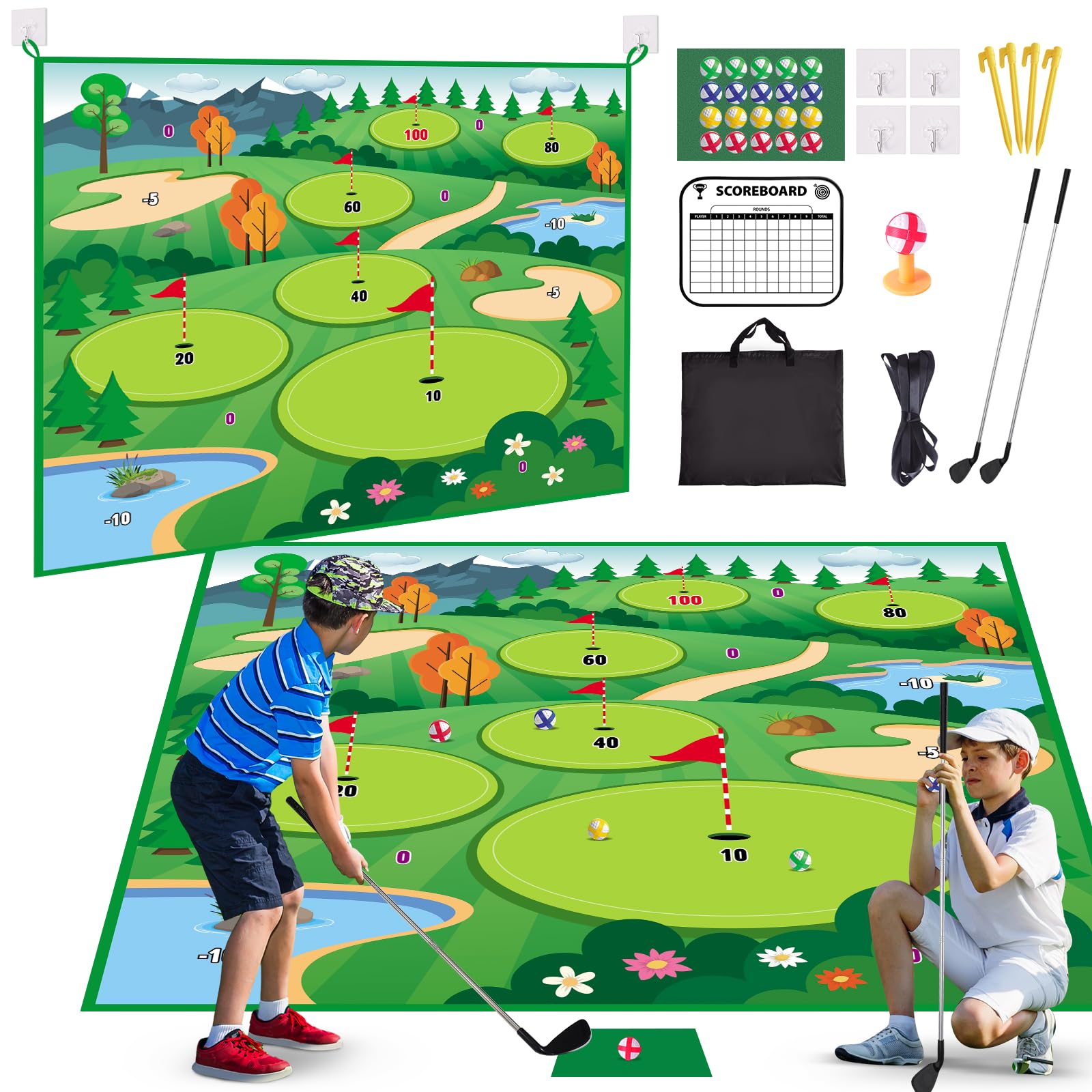 Vatos Golf Chipping Game Mat With Club, Golf Practice Mats Golf Training Mat Indoor Outdoor For Kids Adults Family, Golf Hitting