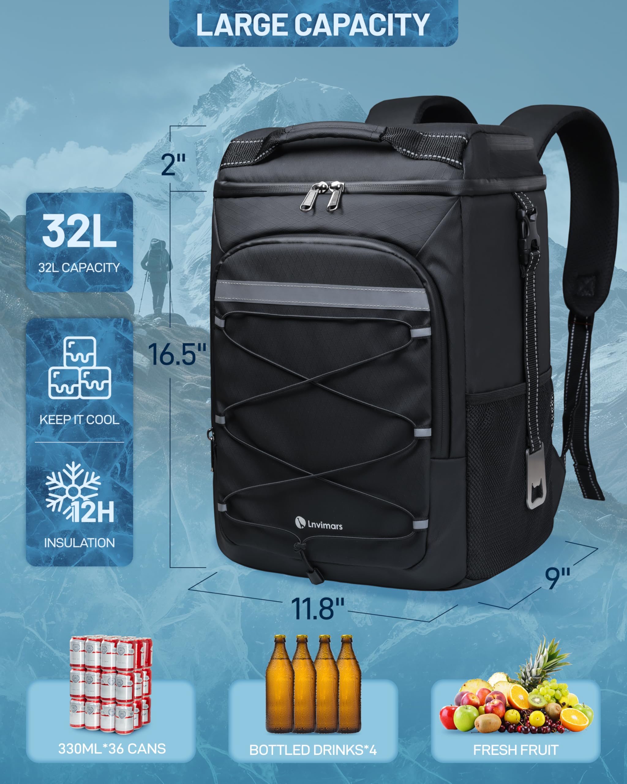 Lnvimars 36 Can Insulated Backpack Cooler, Leakproof Waterproof Soft-Sided Cooler Bag, Large Capacity Portable Cooler For Campin