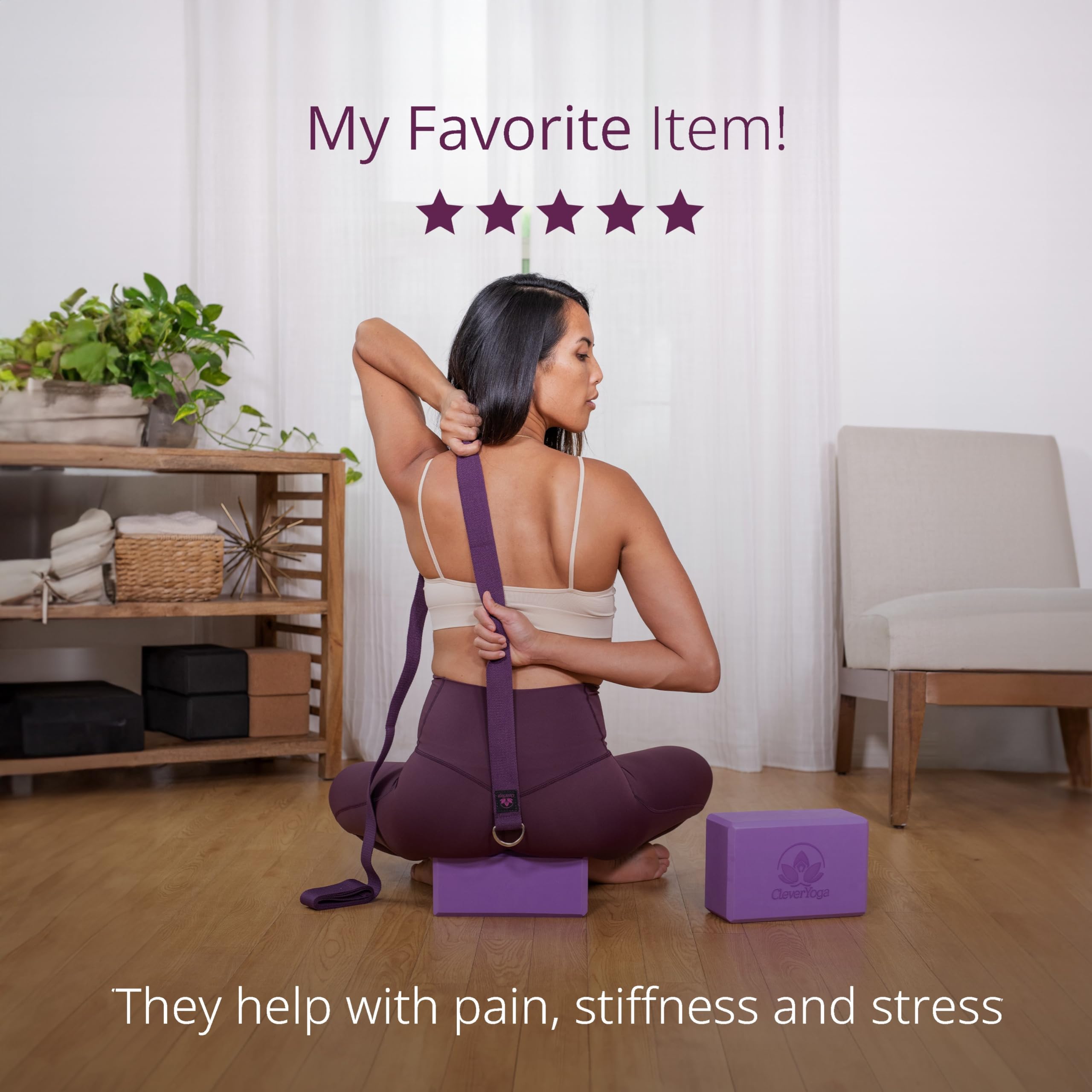 Clever Yoga Blocks 2 Pack With Strap - Extra Light Weight Sweat Repelling Foam Yoga Block Set With Cotton 8Ft Yoga Stretch Strap