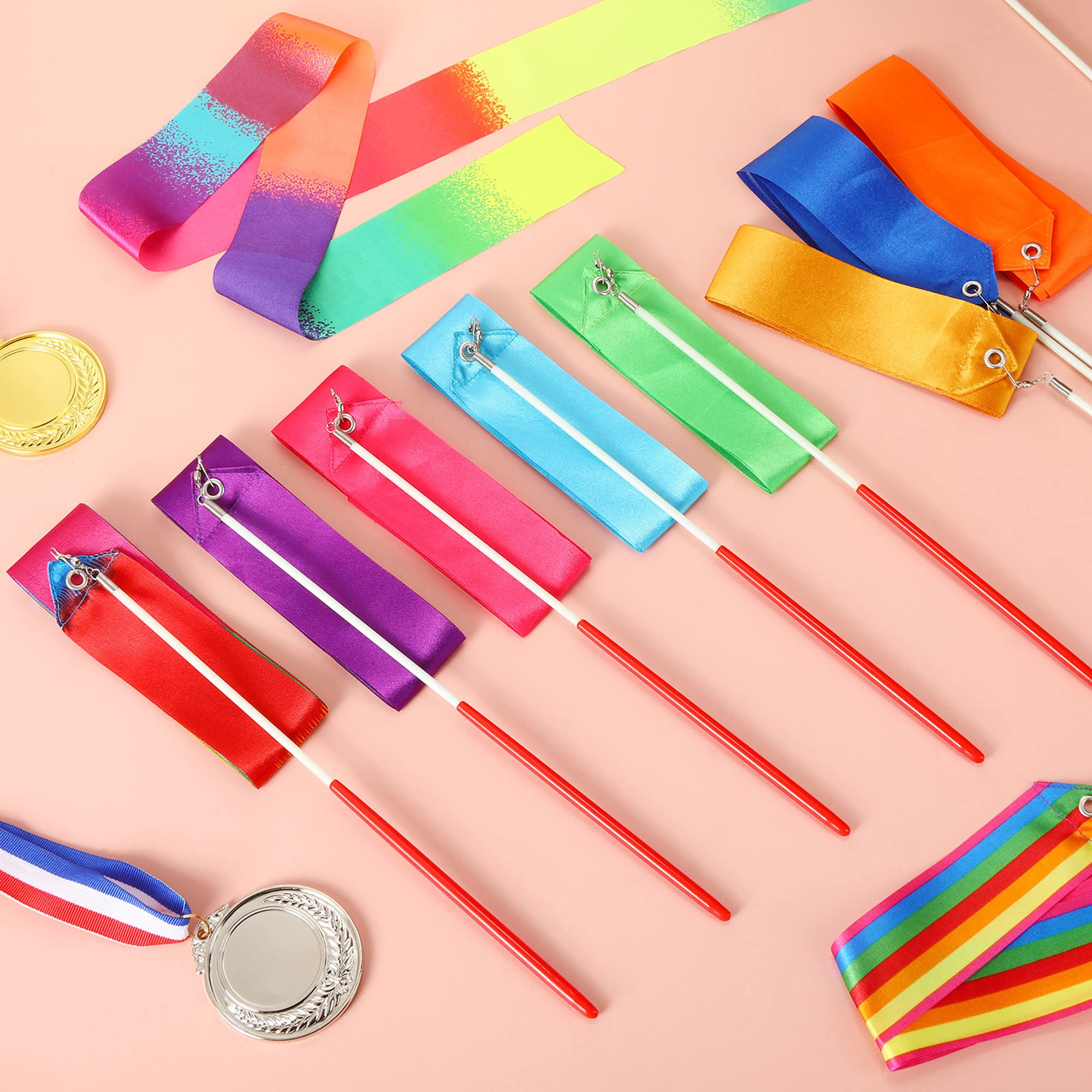 Yilloog Rainbow Dance Ribbon 78.7 Inch Gymnastics Ribbon Streamers Rainbow Artistic Ribbon Dancer Twirling Wands Rhythmic Gymnas