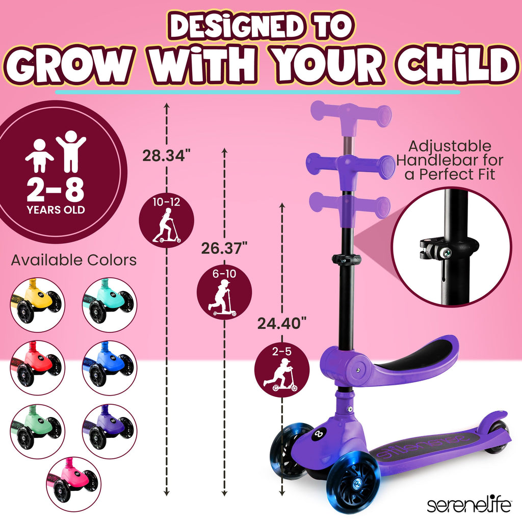 SereneLife 3 Wheel Scooter for Toddlers & Kids, Foldable Seat, LED Wheels, Adjustable Handlebar, Anti-Slip Deck, Rear Foot Brake