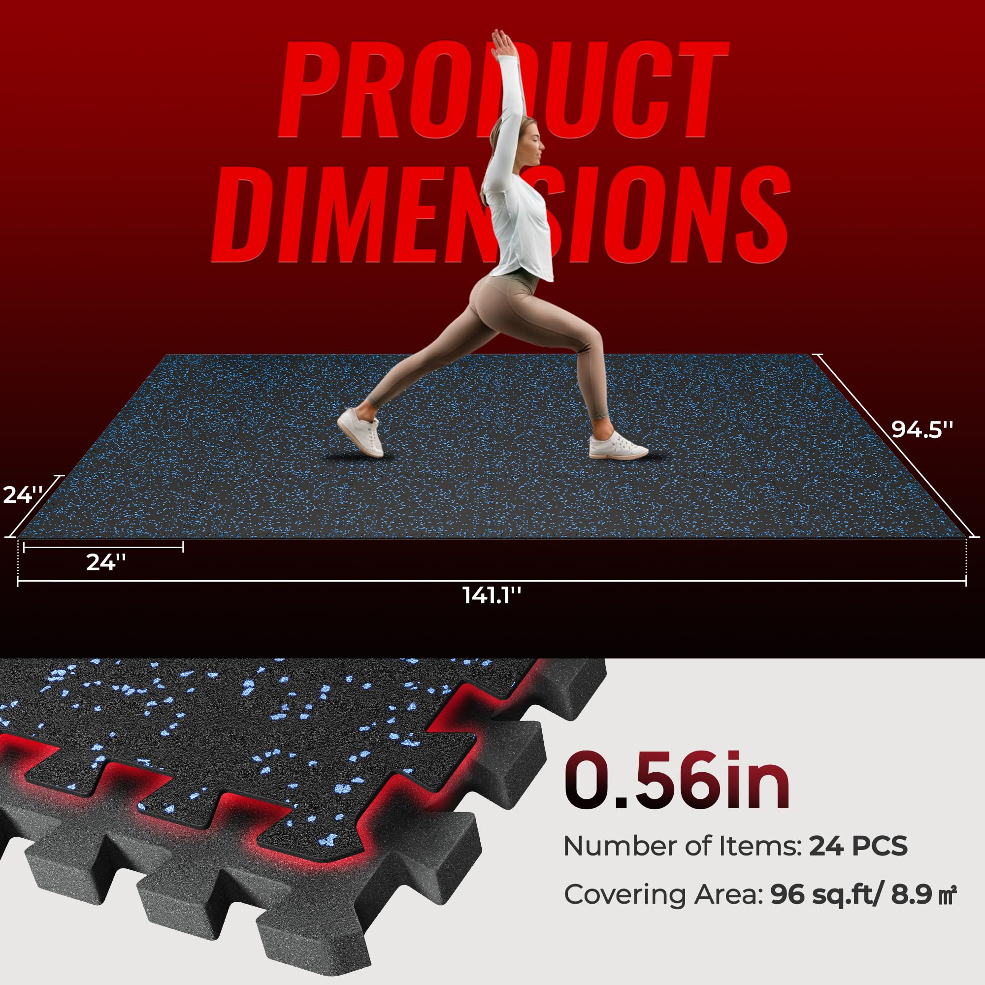 SUPERJARE 0.56 Thick 24 Pcs 96 Sq Ft Rubber Top Exercise Equipment Mats, High Density EVA Foam Mats with Rubber Top, Interlock