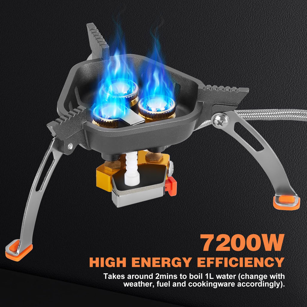 Wadeo 7200W Windproof Camping Stove, Camping Gas Stove With Piezo Ignition, Two Fuel Canister Adapter, Carry Case, Portable Stov
