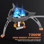 Wadeo 7200W Windproof Camping Stove, Camping Gas Stove With Piezo Ignition, Two Fuel Canister Adapter, Carry Case, Portable Stov