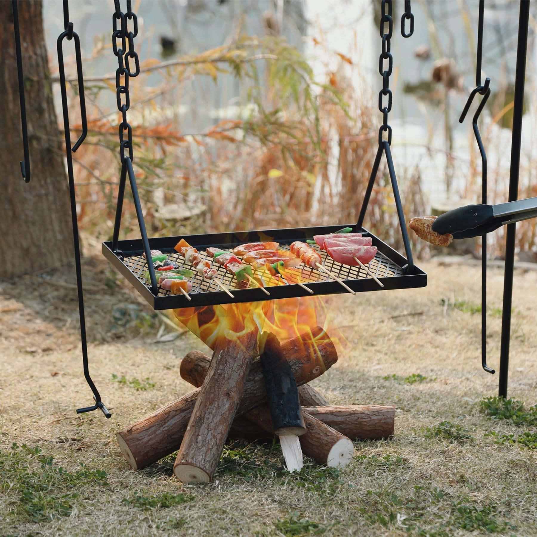 Redcamp Campfire Swing Grill Stand, Portable Hanging Cooking Grill Rack With Dutch Oven Lid Lifter & Hooks For Outdoor Bbq Picni