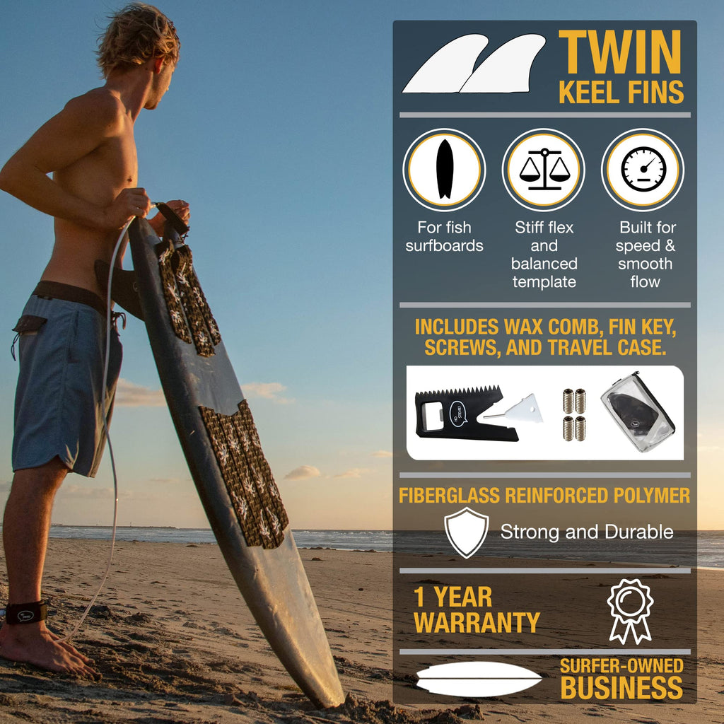Surfboard Twin Fins (2 Fins) - Keel Fins For Fish Surf Boards [Twin Tab Or Single Tab Sizes] (Black, Single Tab)