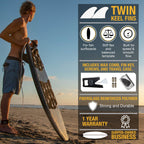 Surfboard Twin Fins (2 Fins) - Keel Fins For Fish Surf Boards [Twin Tab Or Single Tab Sizes] (Black, Single Tab)
