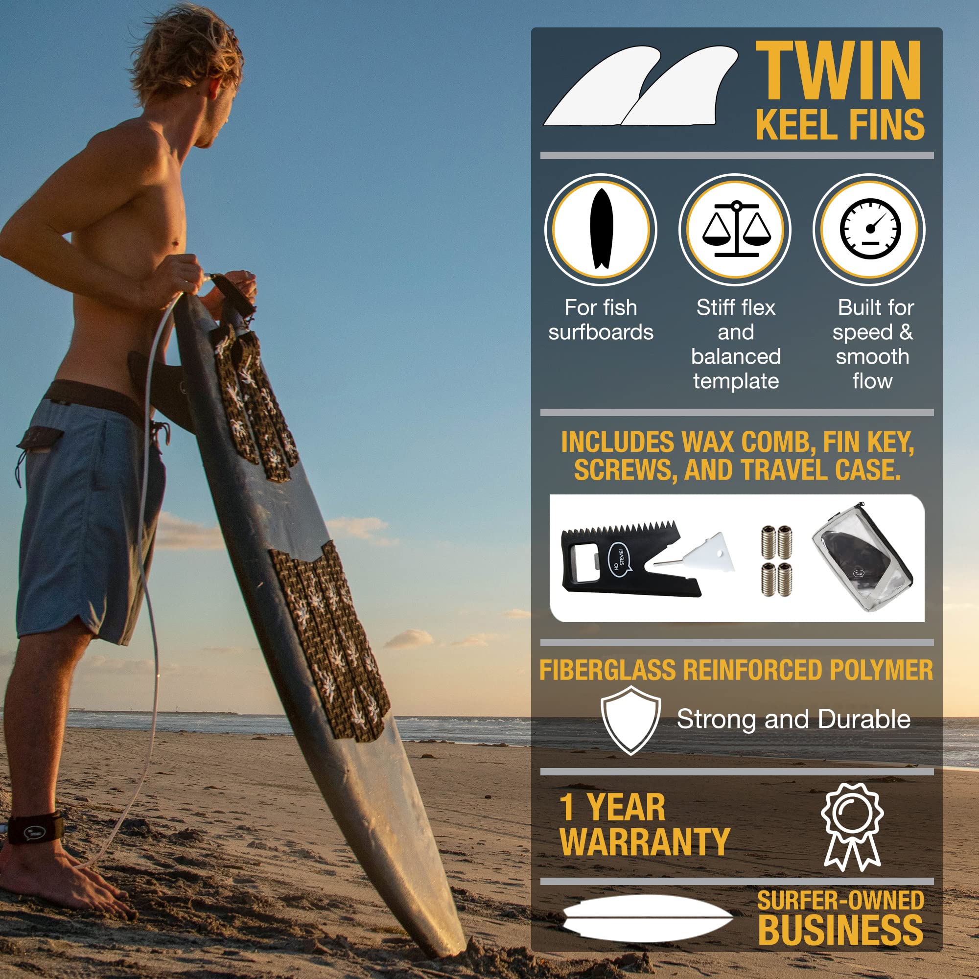 Surfboard Twin Fins (2 Fins) - Keel Fins For Fish Surf Boards [Twin Tab Or Single Tab Sizes] (Black, Single Tab)