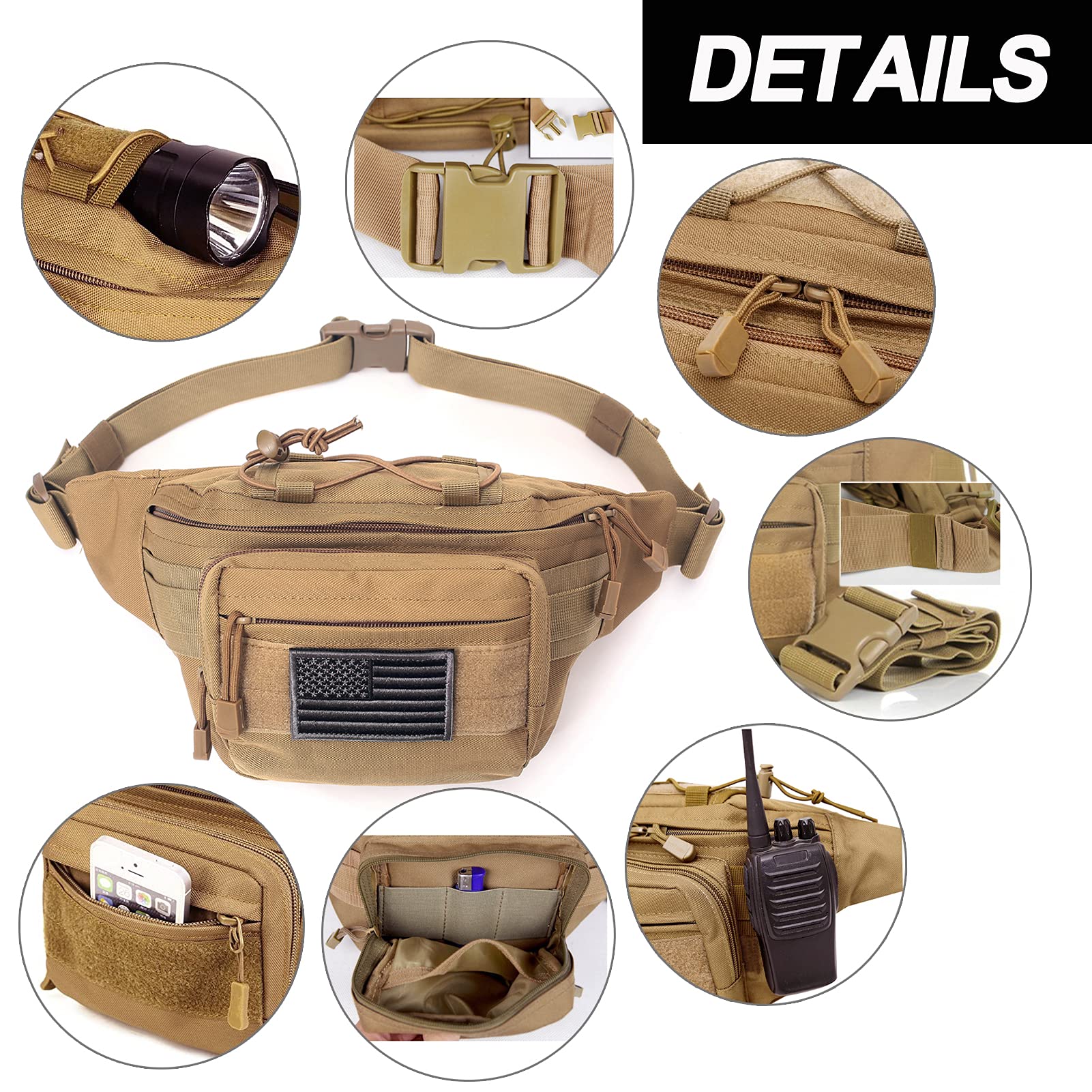 Tactical Fanny Pack, Military Waist Bag Hip Belt Bumbag Utility Bags For Outdoor Hiking Climbing Fishing With U.S Patch (Black)