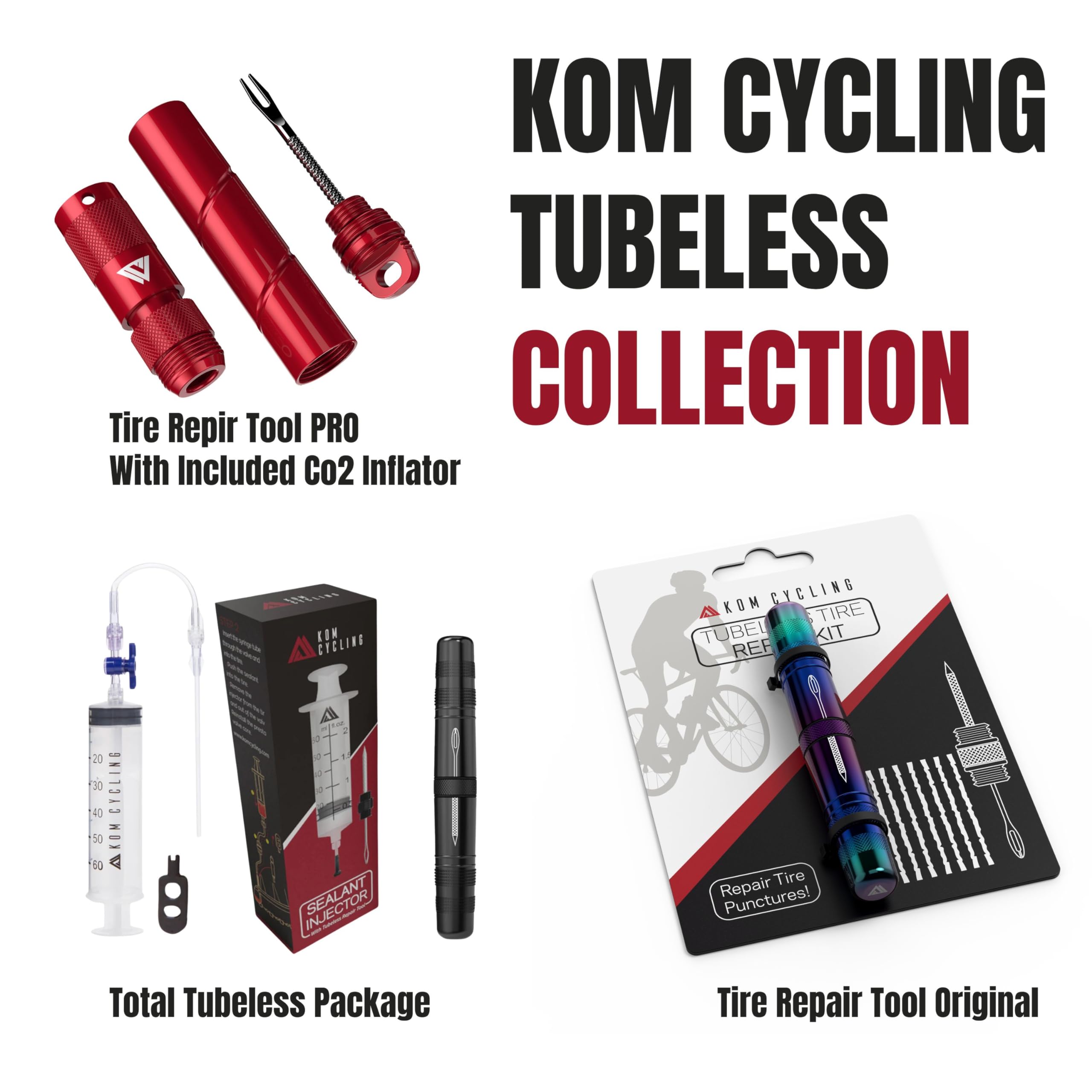 Kom Cycling Tubeless Tire Repair Kit For Bikes 8 Colors! Fixes Mountain Bike And Road Bicycle Tire Punctures - Includes Tire Rep