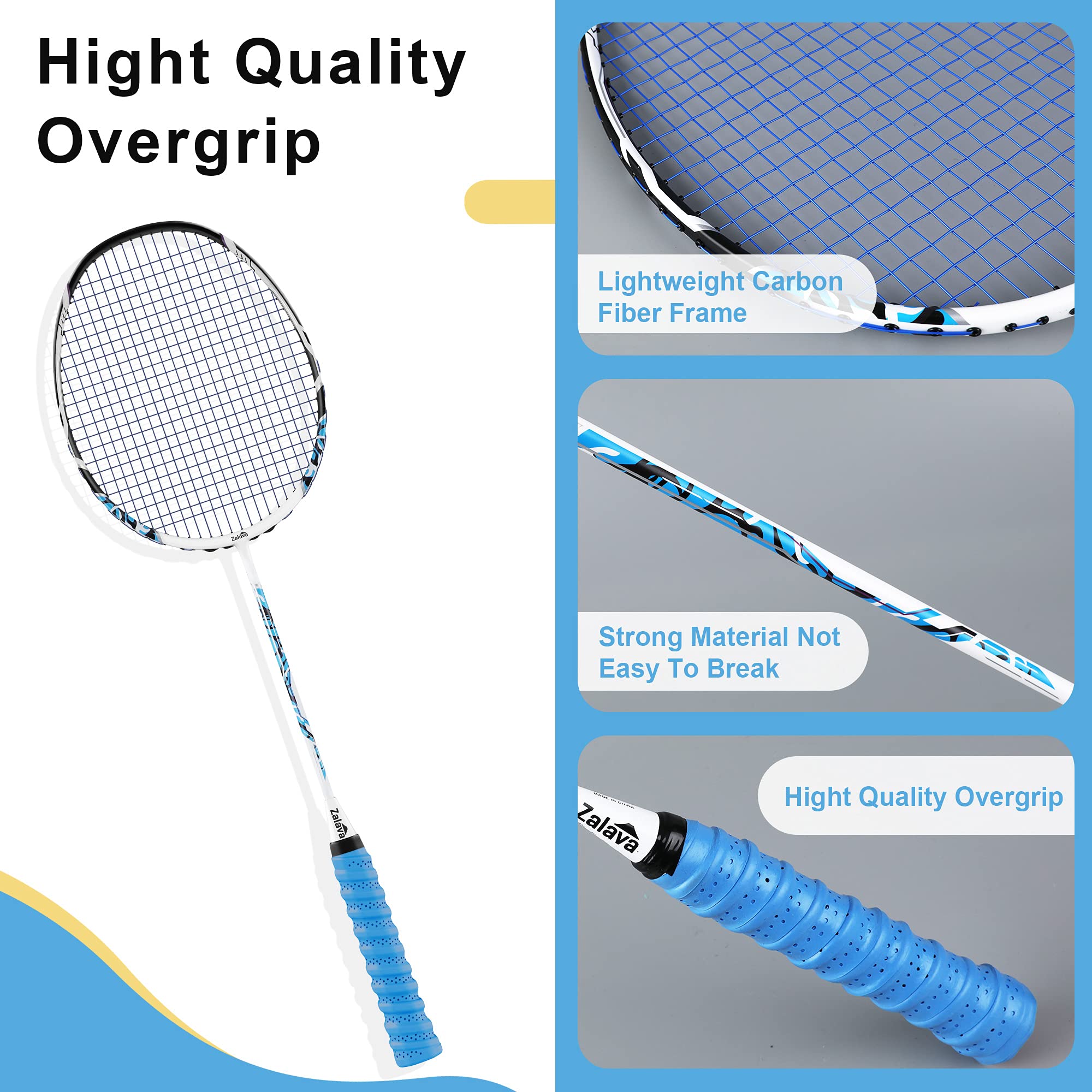 Professional Badminton Rackets Lightweight Badminton Racquets Set, Zalava Badminton Set 4 Pack,Carbon Fiber, 3 Shuttlecocks, 2 P