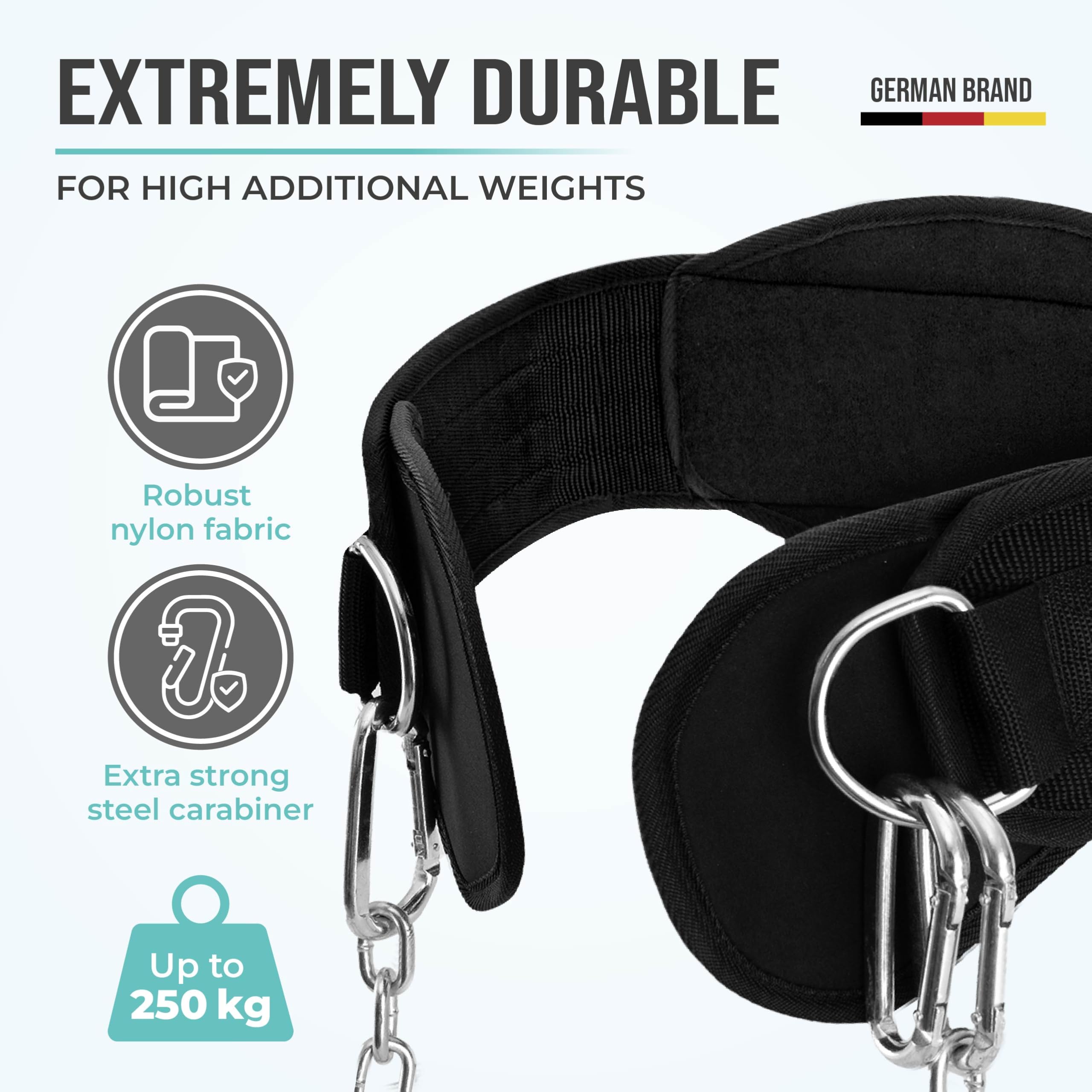 Pullup & Dip Belt With Chain And 3X Carabiner, Dip Belt Incl Neoprene Flaps As Clothing Protection, Weightlifting Belt, Weighted