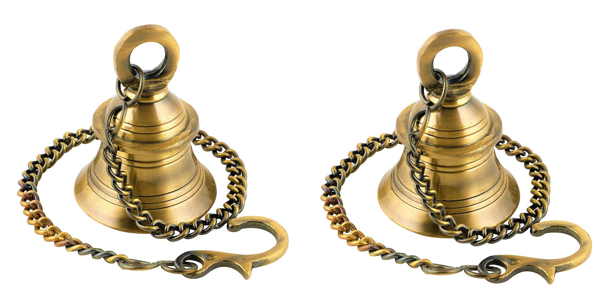 Uapan Brass Wall Hanging Bell With Chain And Hanging Hook For Home Mandir Temple Decorative I Puja Room (Pack Of 2 Nos)