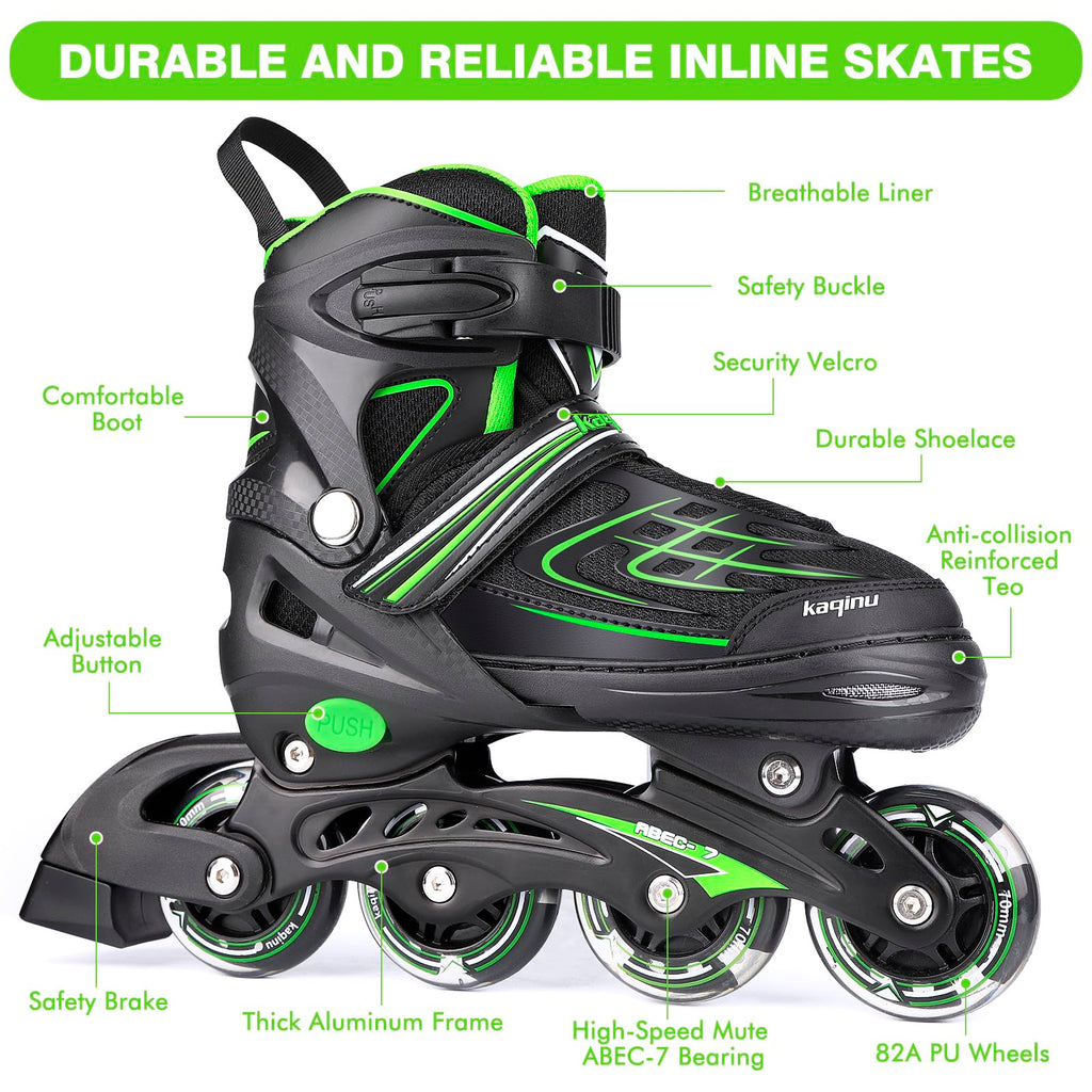 Kaqinu Adjustable Inline Skates, Outdoor Inline Skates With Full Illuminating Wheels For Women, Kids, Girls And Boys (Green, L)