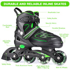 Kaqinu Adjustable Inline Skates, Outdoor Inline Skates With Full Illuminating Wheels For Women, Kids, Girls And Boys (Green, L)