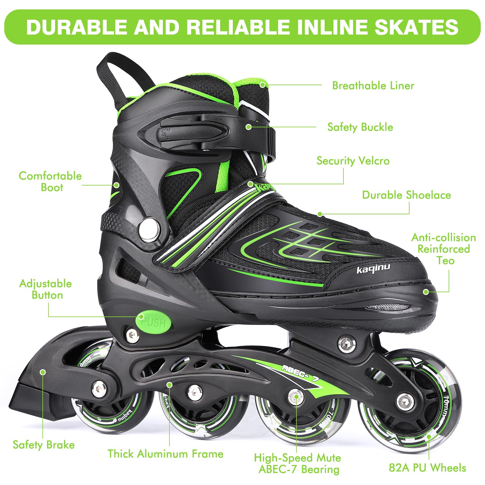 Kaqinu Adjustable Inline Skates, Outdoor Inline Skates With Full Illuminating Wheels For Women, Kids, Girls And Boys (Green, L)
