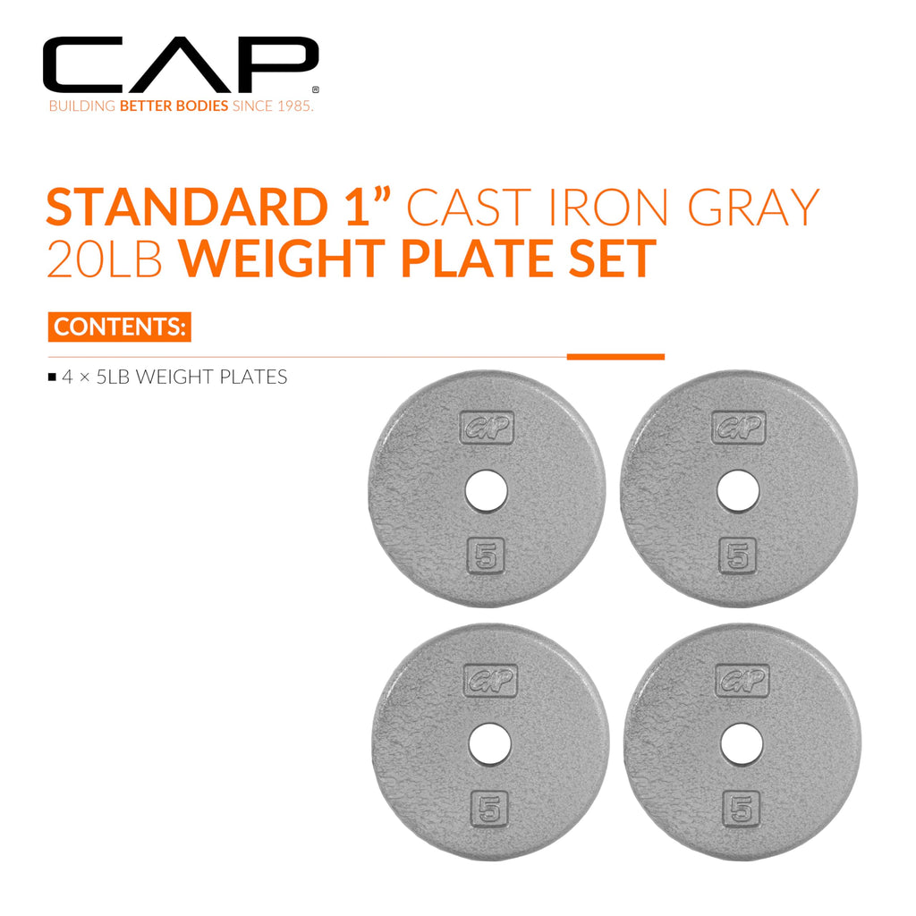 CAP Barbell Cast Iron Standard 1-Inch Weight Plate Set - Barbell Weights for Home Gym, Strength Training, and Weightlifting, 5 l