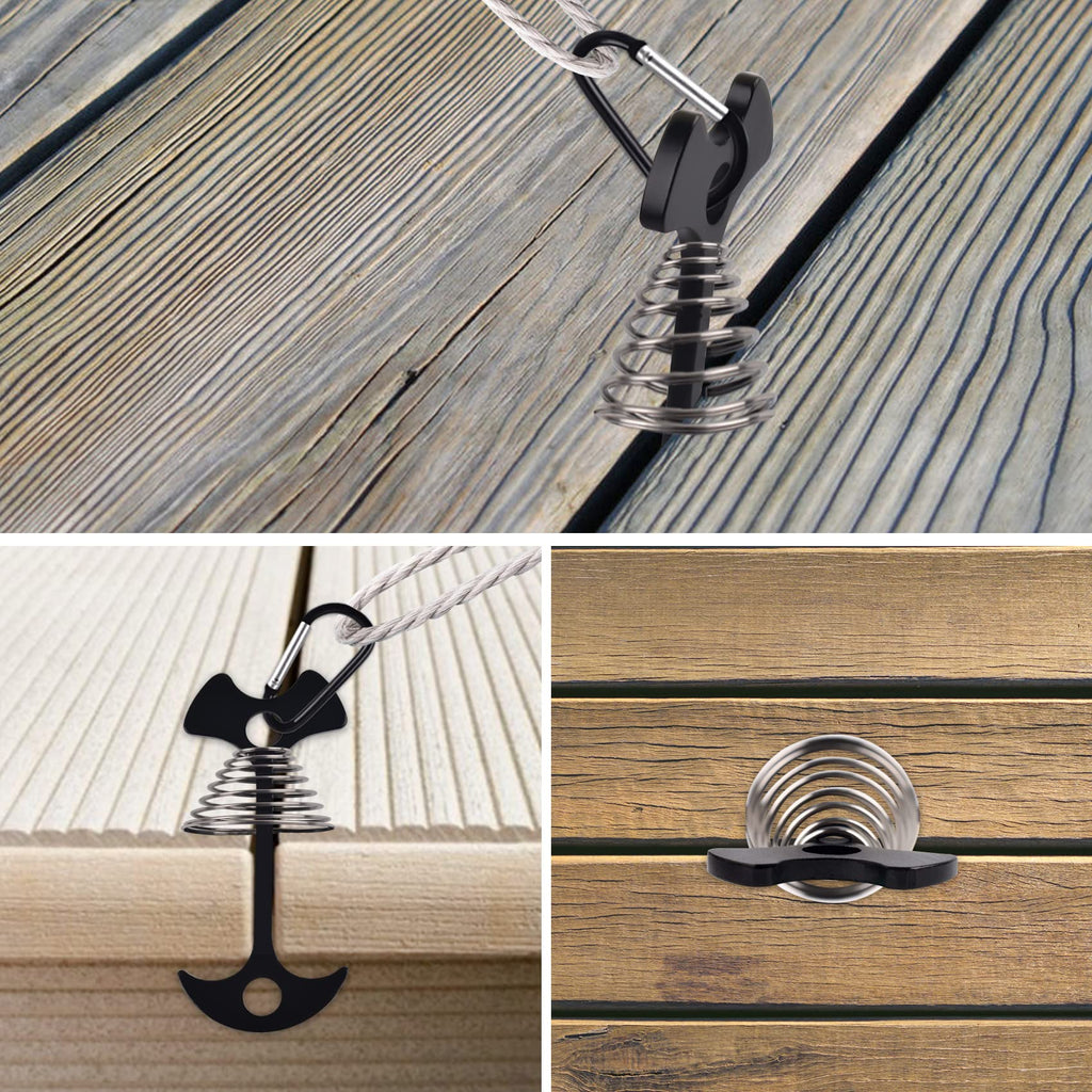 Deck Anchor Pegs,6Pcs Aluminium Alloy Fishbone Tent Stakes Pegs With Carabiners Clips,Windproof Deck Plank Board Tent Pegs Cord