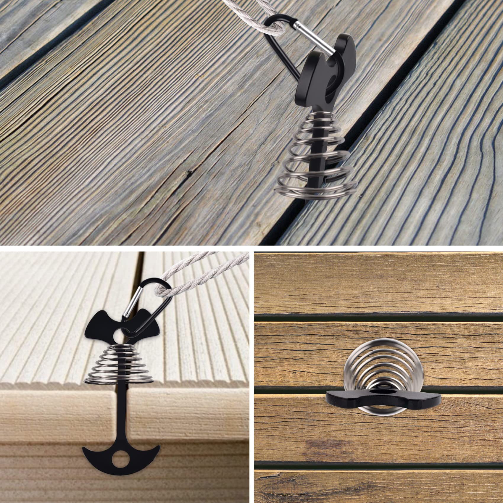 Deck Anchor Pegs,6Pcs Aluminium Alloy Fishbone Tent Stakes Pegs With Carabiners Clips,Windproof Deck Plank Board Tent Pegs Cord