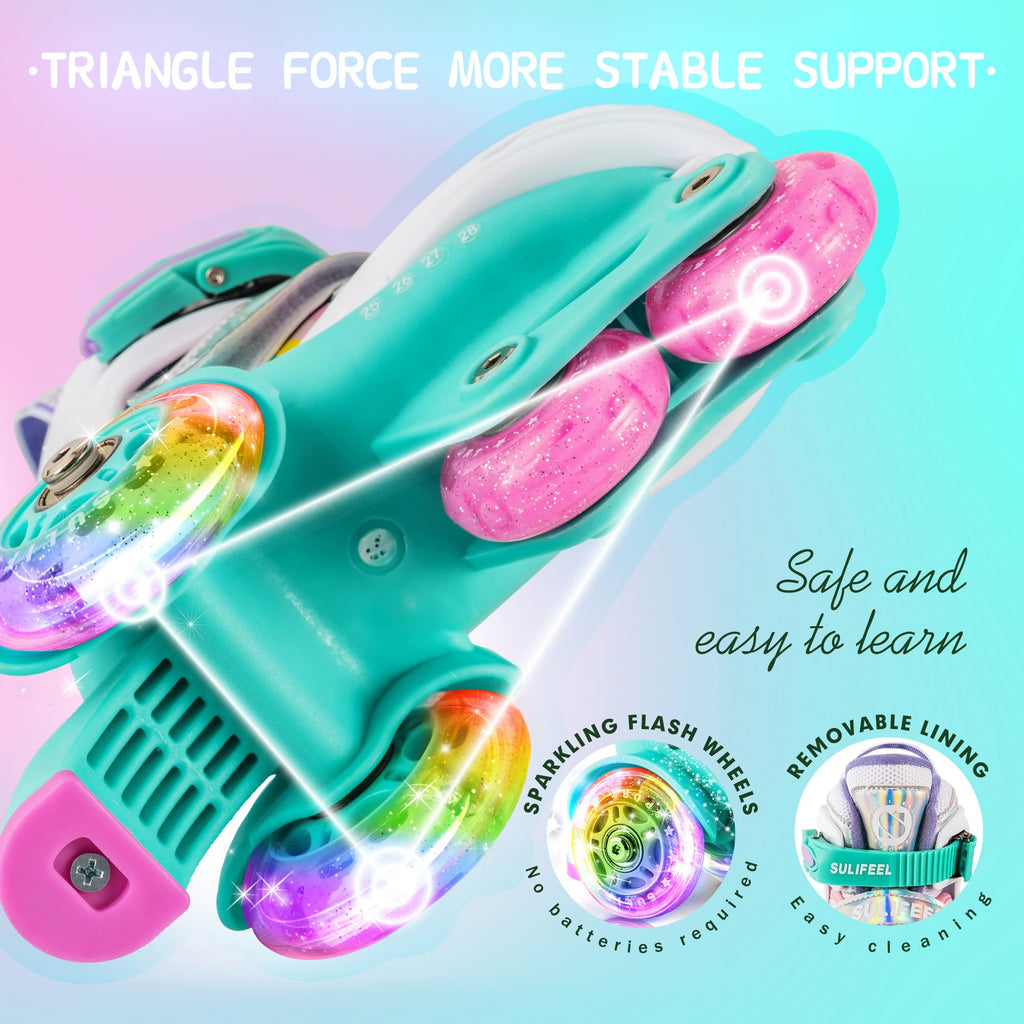 Sulifeel Rainbow Unicorn 4 Size Adjustable Light Up Roller Skates For Girls And Boys For Toddler Green X-Small