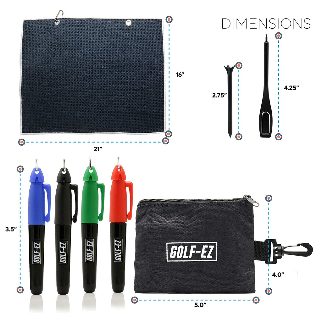 Golf-Ez Golf Essentials Kit  Golf Towel  Cleaning Brush  Tri-Line Golf Ball Alignment Kit  Divot Repair Tool  Golf Ball & Tee Ho