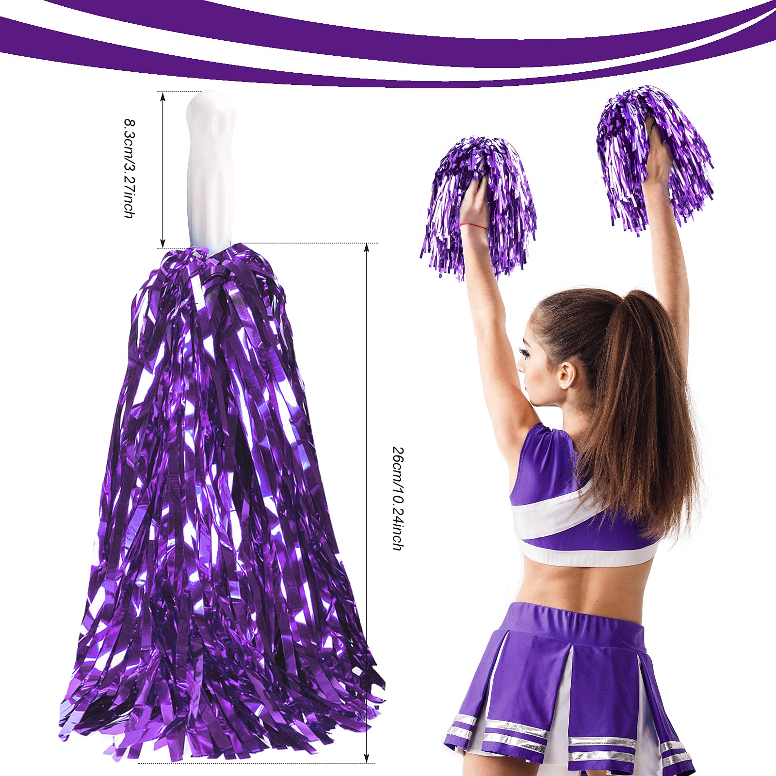 Dilibra 24 Pcs Metallic Cheerleading Pom Poms For Kids, Shiny Cheerleaders Cheer Pompoms With Baton Handle, Cheering Squad Hand
