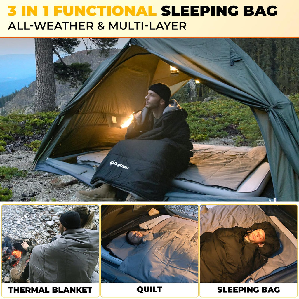 King Camp 3 In 1 Flannel Sleeping Bag For Adults, 3-4 Season Warm&Cold Weather Sleeping Bags, Washable Inner Lining, Large, Ligh